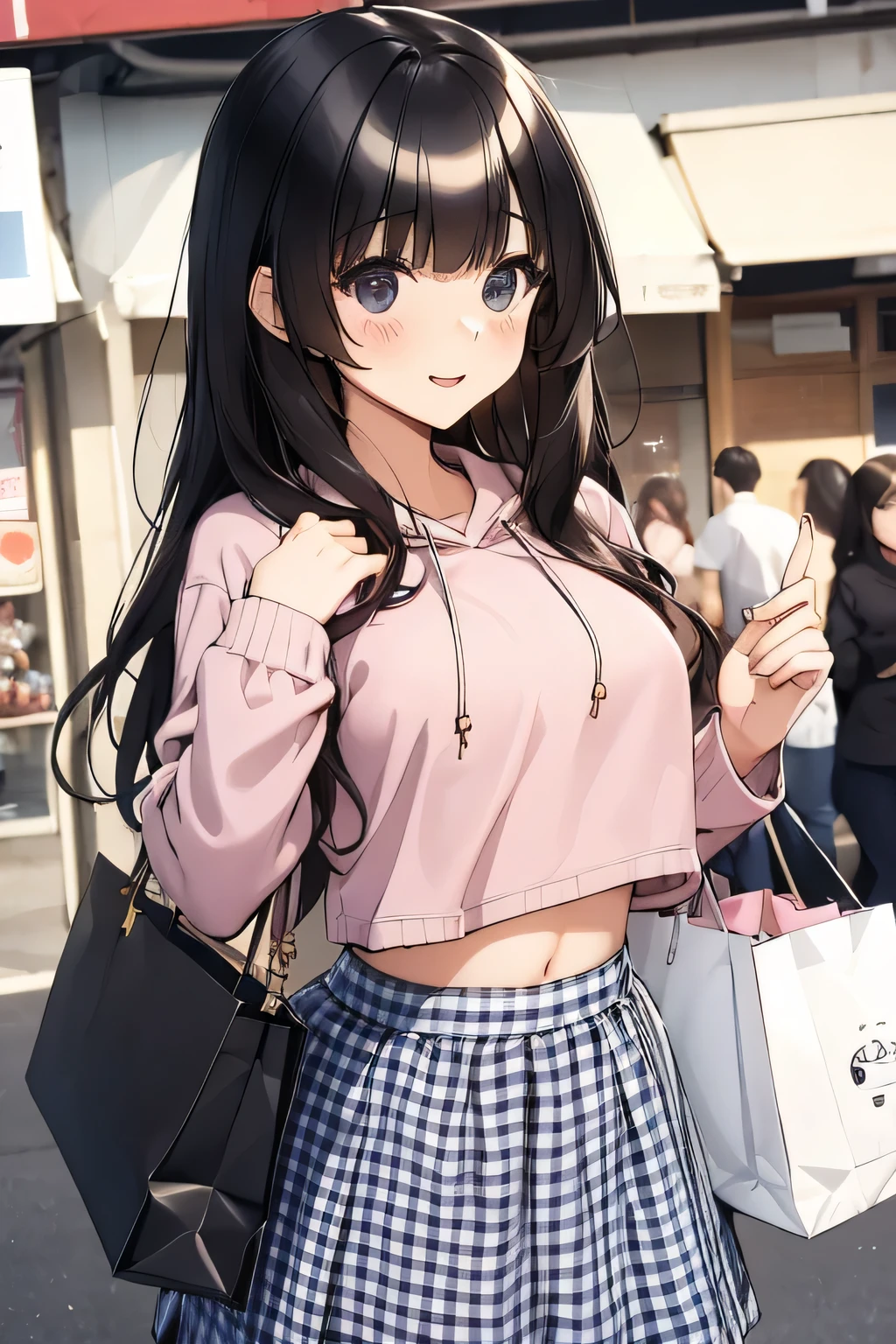 ()，（​masterpiece，Highest Quality），Crop Top Look，Pastel Hoodie，(gingham checked skirt)，A dark-haired，World of toys, lifting the skirt, revealing her private area, shopping, buy something, face look really fresh, 