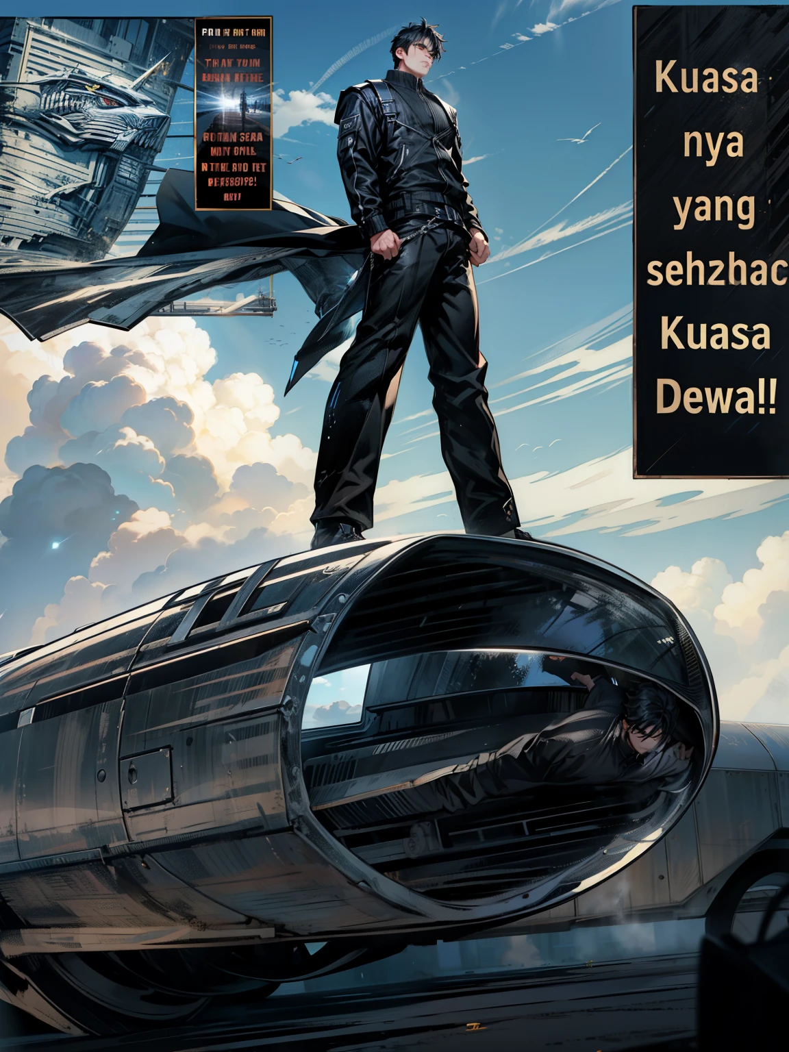 boys 26 Years old, Serious face, wearing black, black pants, black hair, levitate on sky, blue sky, cloud