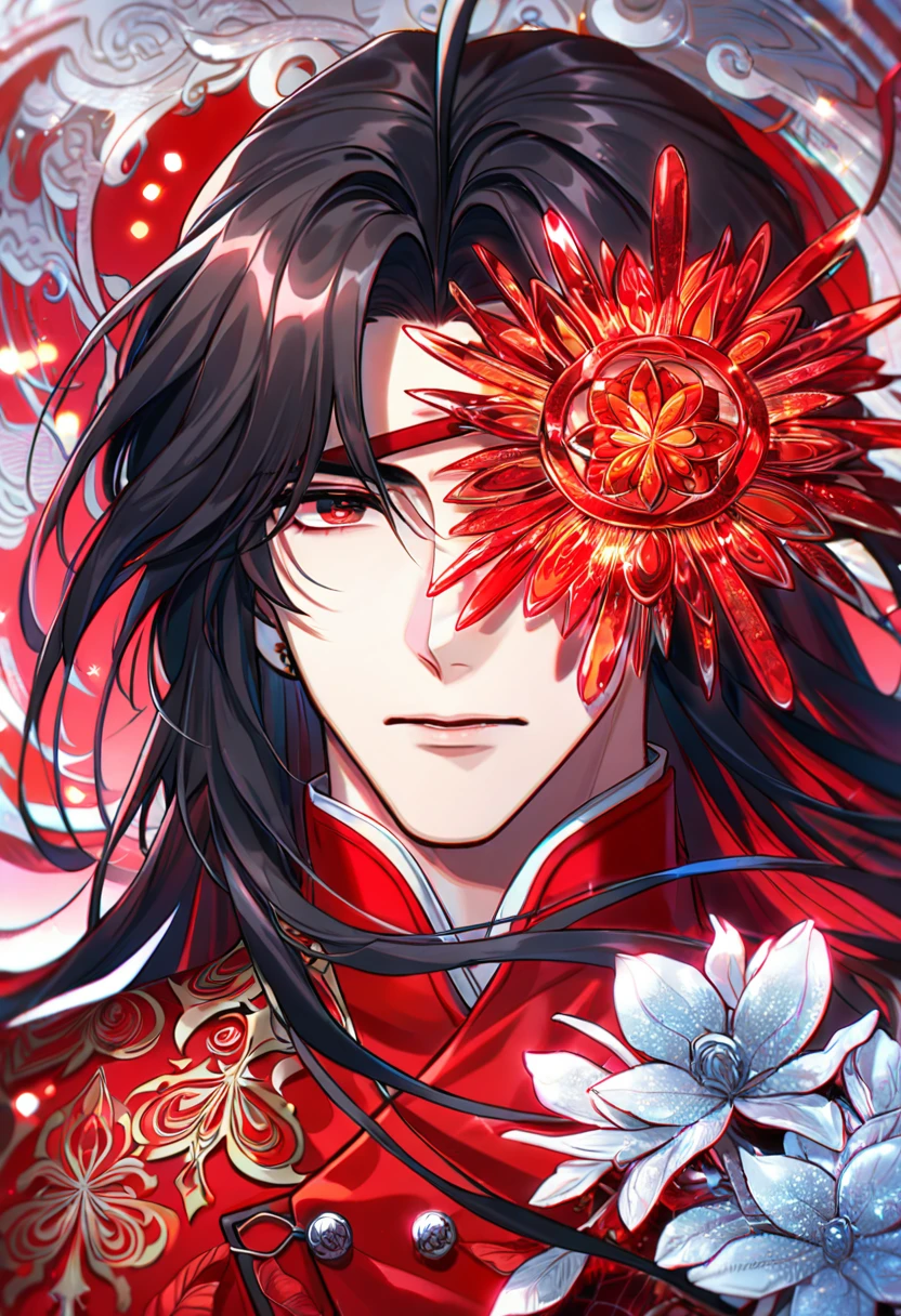 Ultra detailed, HDR, Highres, absurdres, master piece, Hua Cheng, black long hair, expressive red eye, black eye patch, Heaven Official's Blessing, patterns, red clothes, red petals, red ice flowers, sexy man, solo, extremely detailed face and eyes, extremely handsome, glittering, red glass,