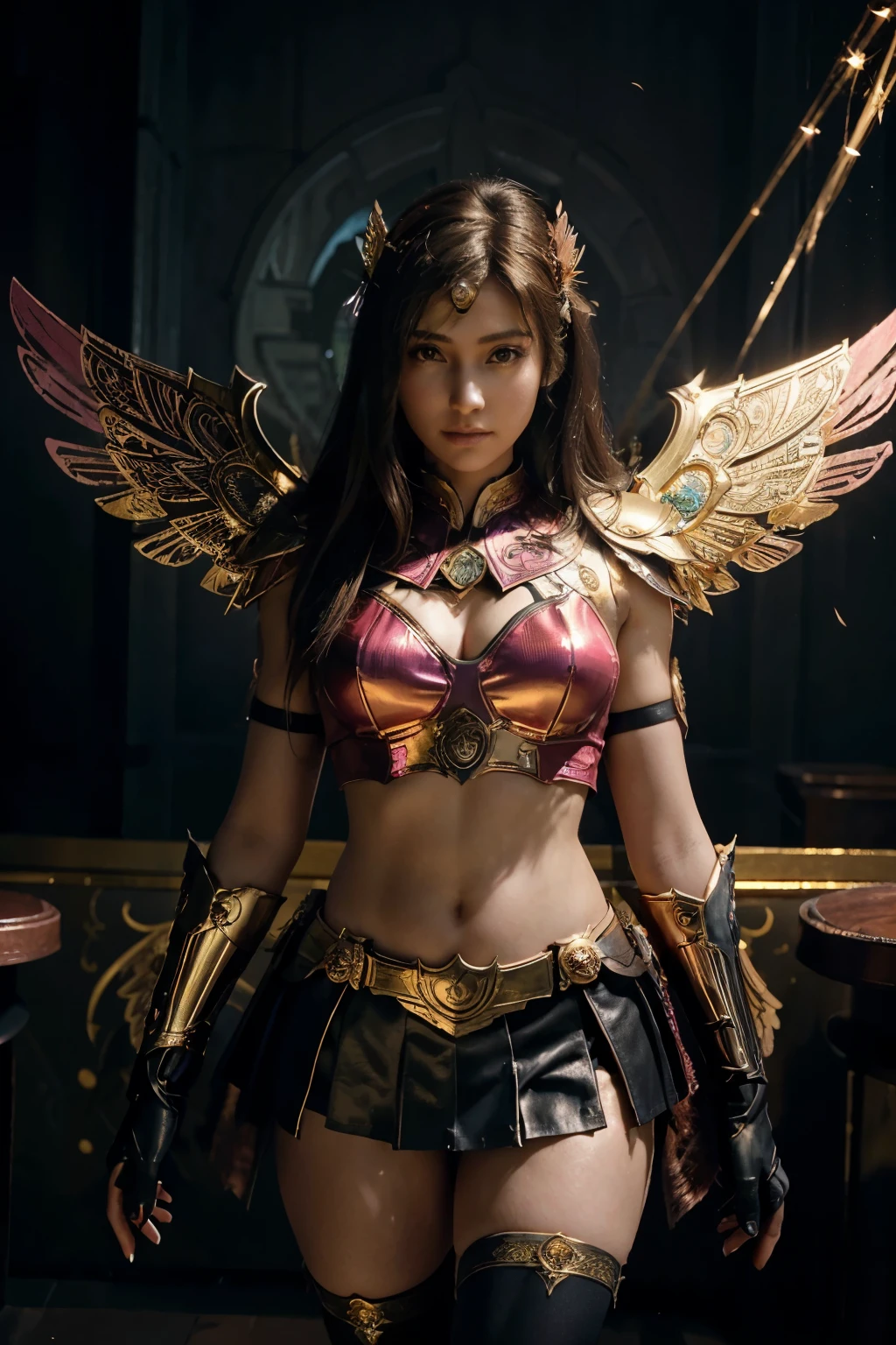 A girl in peacock armor with a combination of gold stripes and wing-like wings adorns the image, illuminated in an RTX style. The dark, heavenly backdrop adds an interesting contrast, as if he emerged from the depths of another realm. The photo, skillfully captured with Provia film, shows the finest details of the mechanical design. The combination of pink and light gold mini skirt fabric highlights the aspects of angels and superheroes. An angel wearing red and gold armor stands in front of us in black and white, adding drama to the scene that is reminiscent of Womancore. Beautiful angel wings cosplay angel HD wallpapers are finely detailed, every feature