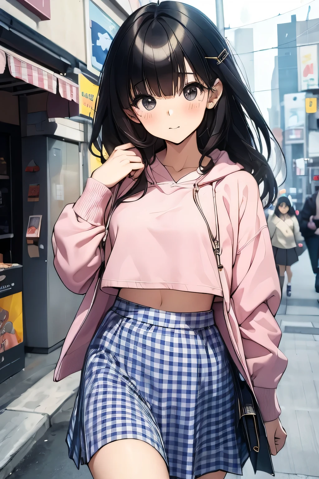 (),(masterpiece,Highest Quality),Crop Top Look,Pastel Hoodie,(gingham checked skirt),A dark-haired,World of toys, lifting the skirt, revealing her private area, shopping, buy something, face look really fresh, walking to her house, walk on the street