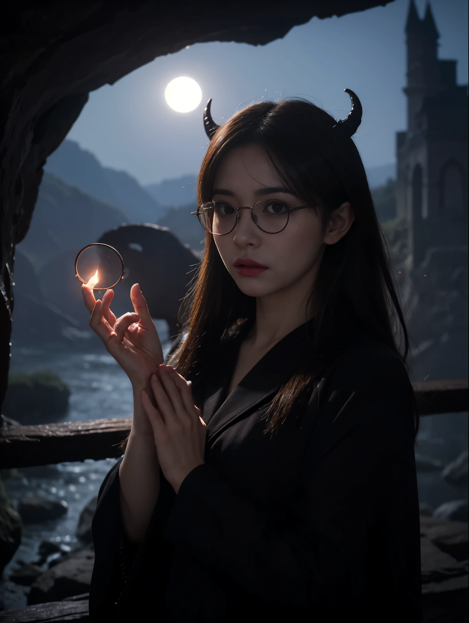 Dark Fantastic Night , Behind me is a big, scary castle , Lots of bats , big, red, Fantastic Moon , Some cliffs , 2. A cave far from the cliff , Some stones , Broken pillars , There are many magical glowing stones around her , A dragon far away in the dark sky, Horror Scene , 美しい女性のdevil , redい魔法の非常に明るい目 , A small magical sphere glowing red in both hands at the same time , オーブを見つめる女性のdevil , Dark Big Wing , Very detailed顔 , ((((Huge glasses, Nerd Glasses, Thick glasses, Round Glasses))))、 (Very detailedなシーン) , (Ultra-detailed orbs) , (Super beautiful face) , (Ultra-detailed Moon) , (Ultra-detailed castle) , (Ultra-precision needles) , (Very detailed wings) Blood splattered on the body, Pale face , Dark Red Lip , Black Devil Wear , Shaped body , 彼女の周りのredい魔法 , redマナのローテーション、highest quality, Very detailed, Realistic, Portraiture, Dark and spooky atmosphere, Glowing Eyes, spiritual being, Unforgettably美しい, Ghostly figures, Swirling Mist, Supernatural existence, devil&#39;Nature, Shadow-like shape, Spooky whispers, Ominous Aura, Eerie pale skin, Dark and twisted branches, Flickering candle light, Spooky elements, Mysterious and enigmatic, Spectral emergence, Gothic art style, attractive, Spectral range, Extremely depressed, Otherworldly beauty, Mysterious glow, Unforgettably&#39;Don't forget, Cold atmosphere, Spooky and ominous lighting.