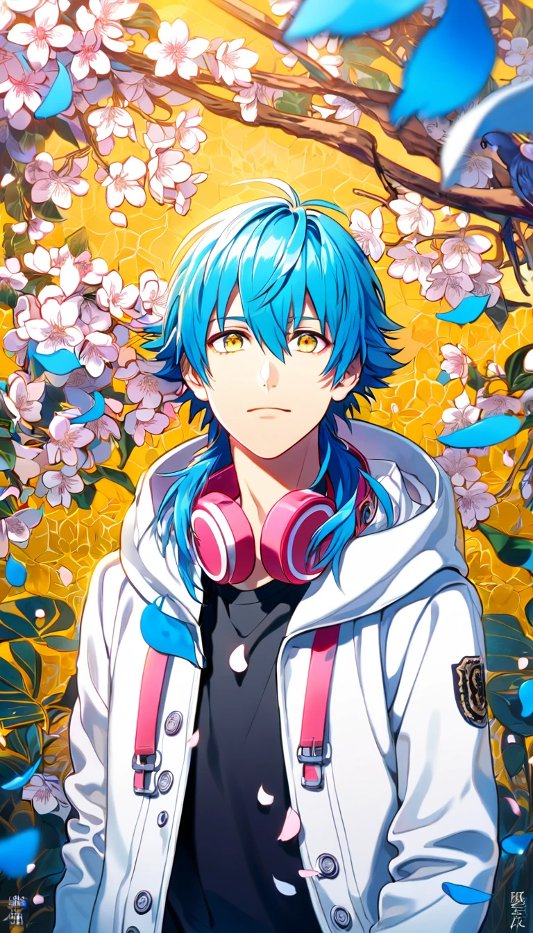 absurdres, highres, ultra detailed, HDR, masterpiece, Seragaki Aoba, blue hair, expressive yellow eyes, Dramatical Murder, white jacket with a hood, black shirt, pink earphones around his neck, designed with decorations such as blue leaves, blossoms and birds, 1man, handsome, petals