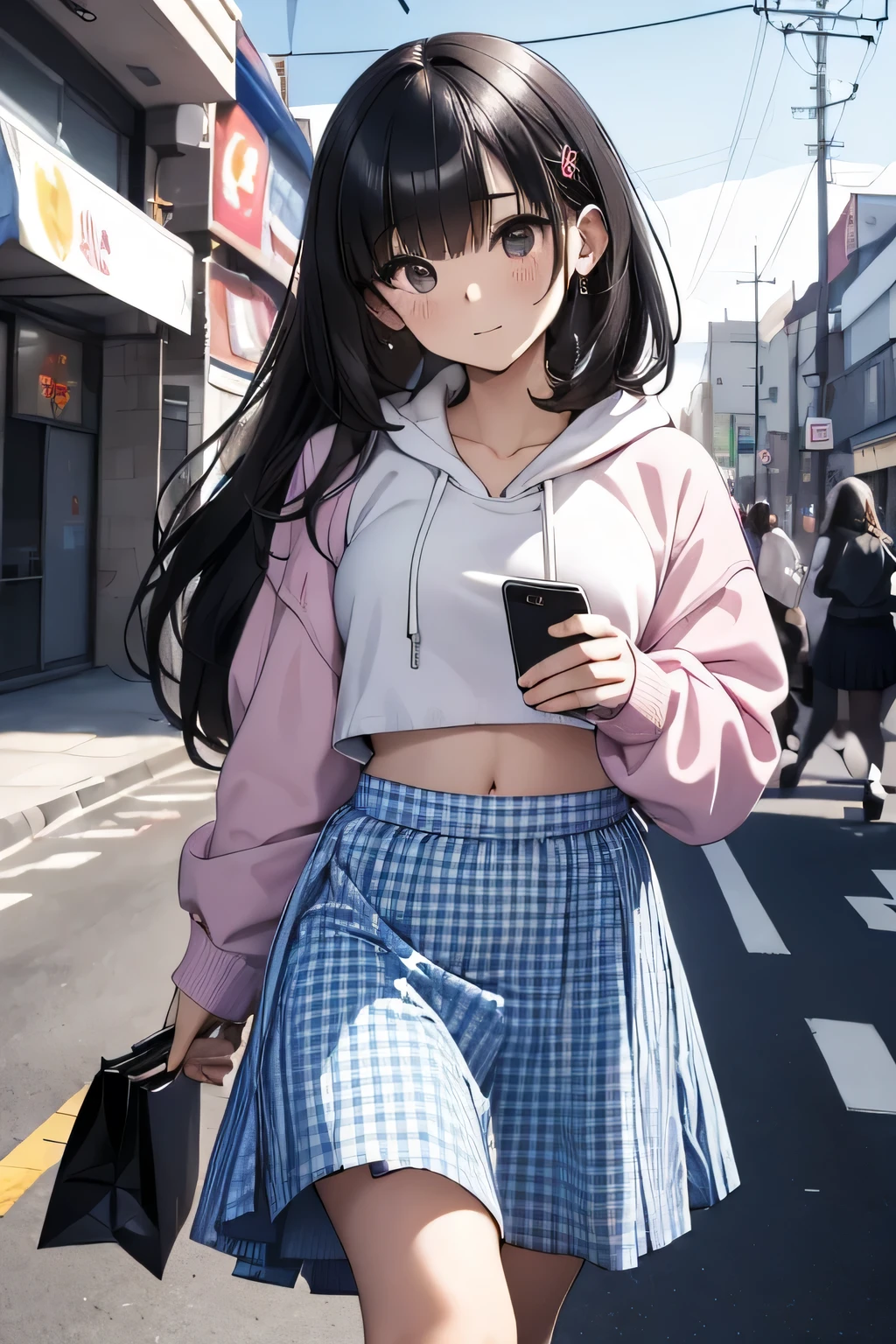 (),(masterpiece,Highest Quality),Crop Top Look,Pastel Hoodie,(gingham checked skirt),A dark-haired,World of toys, lifting the skirt, revealing her private area, shopping, buy something, face look really fresh, walking to her house, walk on the street, get the phone to call, walking to the taxi