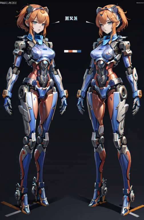 A woman who combines with a transformer to become a mechanical body in robot mode and beagle mode, Full Body Shot, Reference Sheet ,Before after