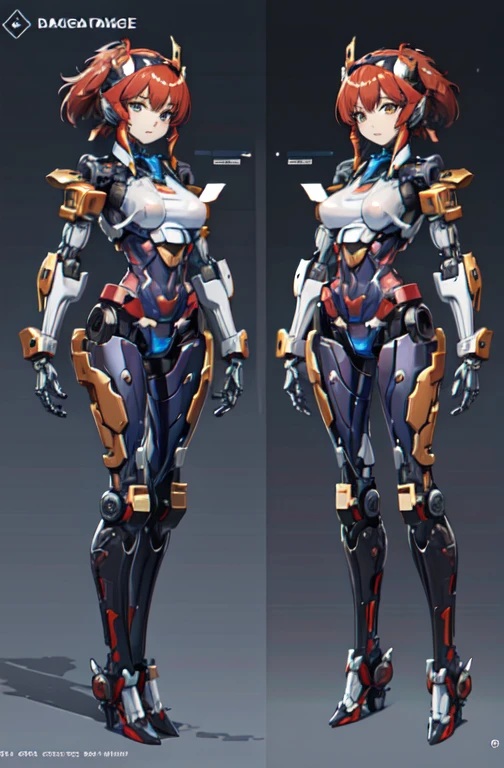 A woman who combines with a transformer to become a mechanical body in robot mode and beagle mode, Full Body Shot, Reference Sheet ,Before after