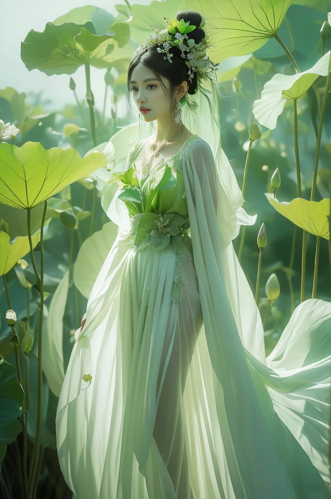 An enchanting humanoid-style plant creature in full bloom, standing upright. It has an overall green body color, with a flower-like structures sprouting around its head. The head is adorned with leaf-like extensions fashioned like a headband. It flaunts a skirt-like structure at its lower half resembling petals of a flower, the array of colors ranges from light green to dark green. Its arms, delicate and slim, end in leafy shapes instead of hands. It also exhibits a pair of oval shaped deep red eyes full of expression adding to its captivating aura.