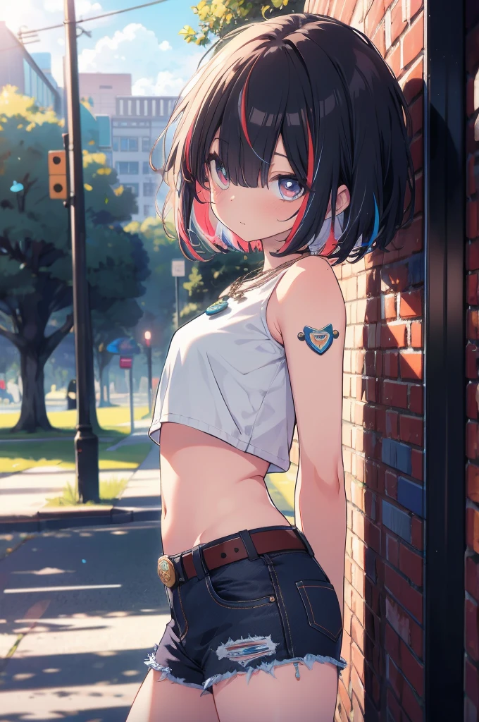 (Cowboy shot), (Best quality, Ultra precision, Depth of field:1.2), adult, 1 small woman, Single, toned, streaked hair, short hair, Explosions, Crop top, Denim shorts, necklace, (:1.4), , Arms behind the back, (slouching), (Leaning back:0.5),  In a public park it leans to the side:0.5), Looking at the viewer, badge, Thigh belt, streaked hair, Paint on the body, Upturned eyes, Head down, Head tilt, (from side:1), Monotonous