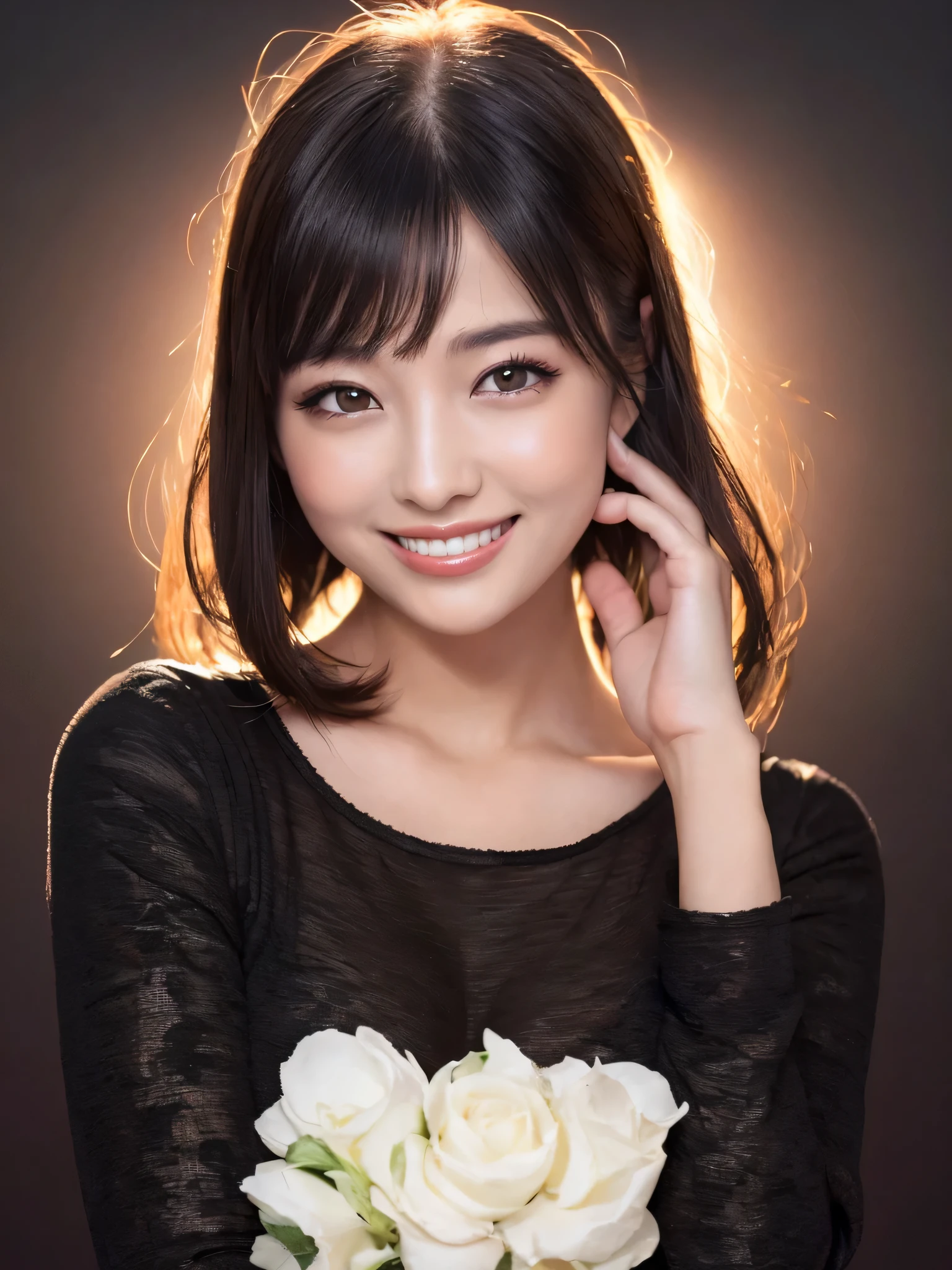 (sfw:1.5),(masterpiece, highest quality),1 girl, Cute beauty、alone, Looking at the audience, Highly detailed shiny short bob hairstyle:1.4, short hair:1.8、Beautiful symmetrical face、Beautiful and attractive woman、Whity, lips, bangs, Outdoor, Mouth closed, Upper Body、Big eyes、eyelash、((Very simple black background:1.8))、(((Looking at the audience、Show me your ears、Long neck、smile、smile)))、Ideal body type、((({huge big breasts , Cleavage:2、Happy smile、Beautiful Teeth)))、(Anatomically correct)、(Perfect body proportions)、(Natural Legs、Natural Hands、Natural Fingers)、 ((Round face)), Realistic Eye Size, Big Eyes、Droopy eyes