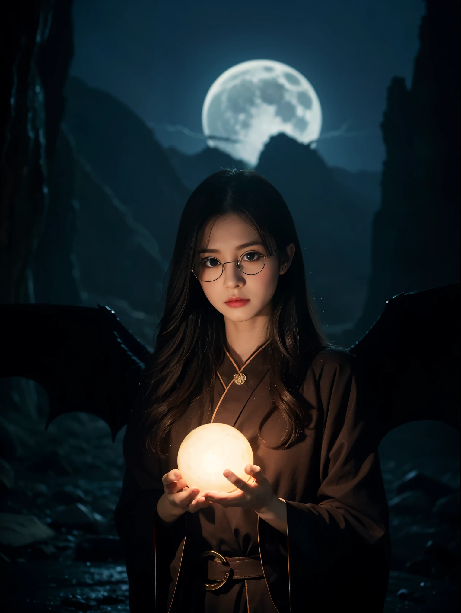 Dark Fantastic Night , Behind me is a big, scary castle , Lots of bats , big, red, Fantastic Moon , Some cliffs , 2. A cave far from the cliff , Some stones , Broken pillars , There are many magical glowing stones around her , A dragon far away in the dark sky, Horror Scene , 美しい女性のdevil , redい魔法の非常に明るい目 , A small magical sphere glowing red in both hands at the same time , オーブを見つめる女性のdevil , Dark Big Wing , Very detailed顔 , ((((Round Glasses))))、 (Very detailedなシーン) , (Ultra-detailed orbs) , (Super beautiful face) , (Ultra-detailed Moon) , (Ultra-detailed castle) , (Ultra-precision needles) , (Very detailed wings) Blood splattered on the body, Pale face , Dark Red Lip , Black Devil Wear , Shaped body , 彼女の周りのredい魔法 , redマナのローテーション、highest quality, Very detailed, Realistic, Portraiture, Dark and spooky atmosphere, Glowing Eyes, spiritual being, Unforgettably美しい, Ghostly figures, Swirling Mist, Supernatural existence, devil&#39;Nature, Shadow-like shape, Spooky whispers, Ominous Aura, Eerie pale skin, Dark and twisted branches, Flickering candle light, Spooky elements, Mysterious and enigmatic, Spectral emergence, Gothic art style, attractive, Spectral range, Extremely depressed, Otherworldly beauty, Mysterious glow, Unforgettably&#39;Don't forget, Cold atmosphere, Spooky and ominous lighting.