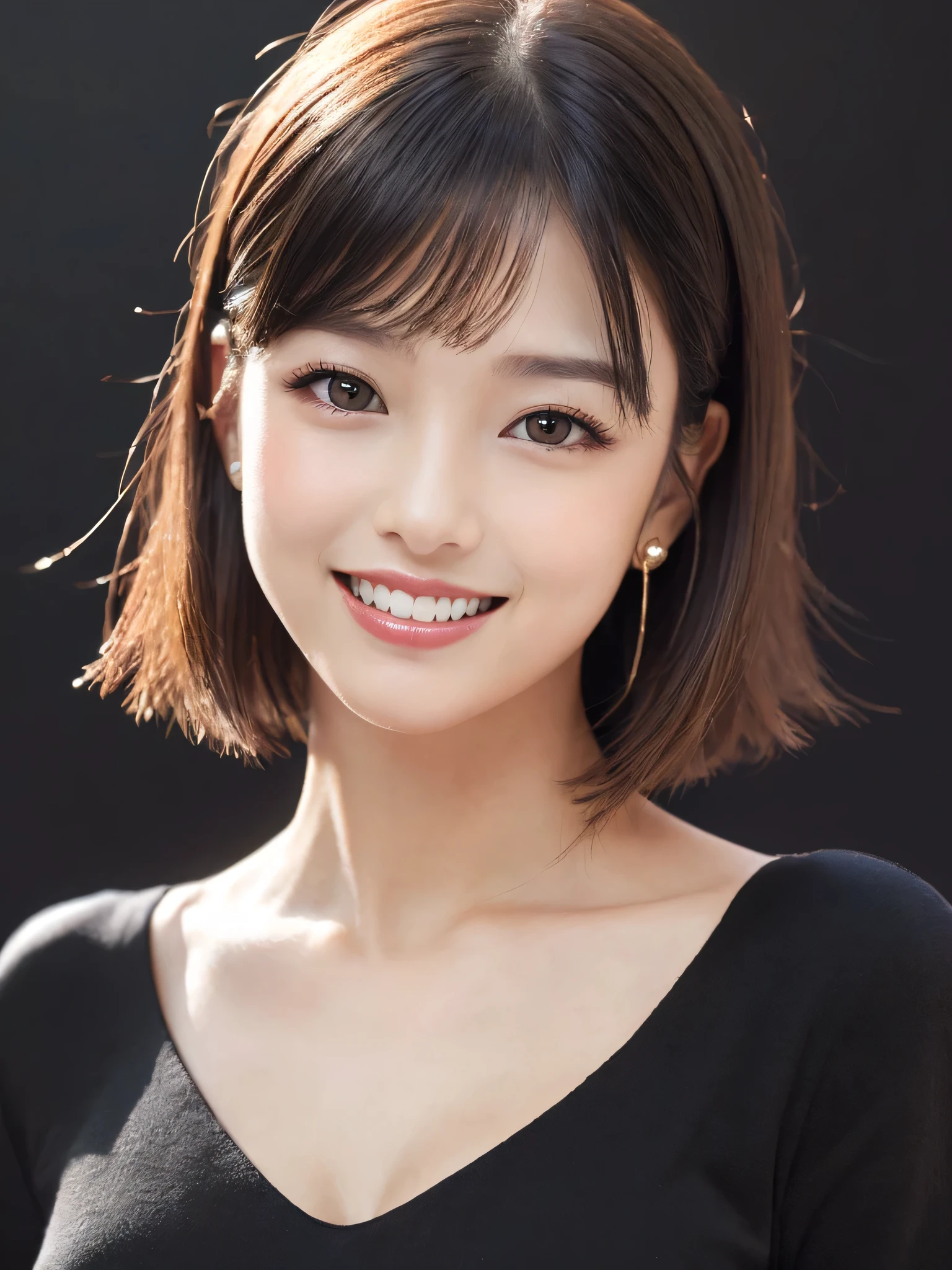 (sfw:1.5),(masterpiece, highest quality),1 girl, Cute beauty、alone, Looking at the audience, Highly detailed shiny short bob hairstyle:1.4, short hair:1.8、Beautiful symmetrical face、Beautiful and attractive woman、Whity, lips, bangs, Outdoor, Mouth closed, Upper Body、Big eyes、eyelash、((Very simple black background:1.8))、(((Looking at the audience、Show me your ears、Long neck、smile、smile)))、Ideal body type、(((huge big breasts , Cleavage:1.6、Happy smile、Beautiful Teeth)))、(Anatomically correct)、(Perfect body proportions)、(Natural Legs、Natural Hands、Natural Fingers)、 ((Round face)), Realistic Eye Size, Big Eyes、Droopy eyes