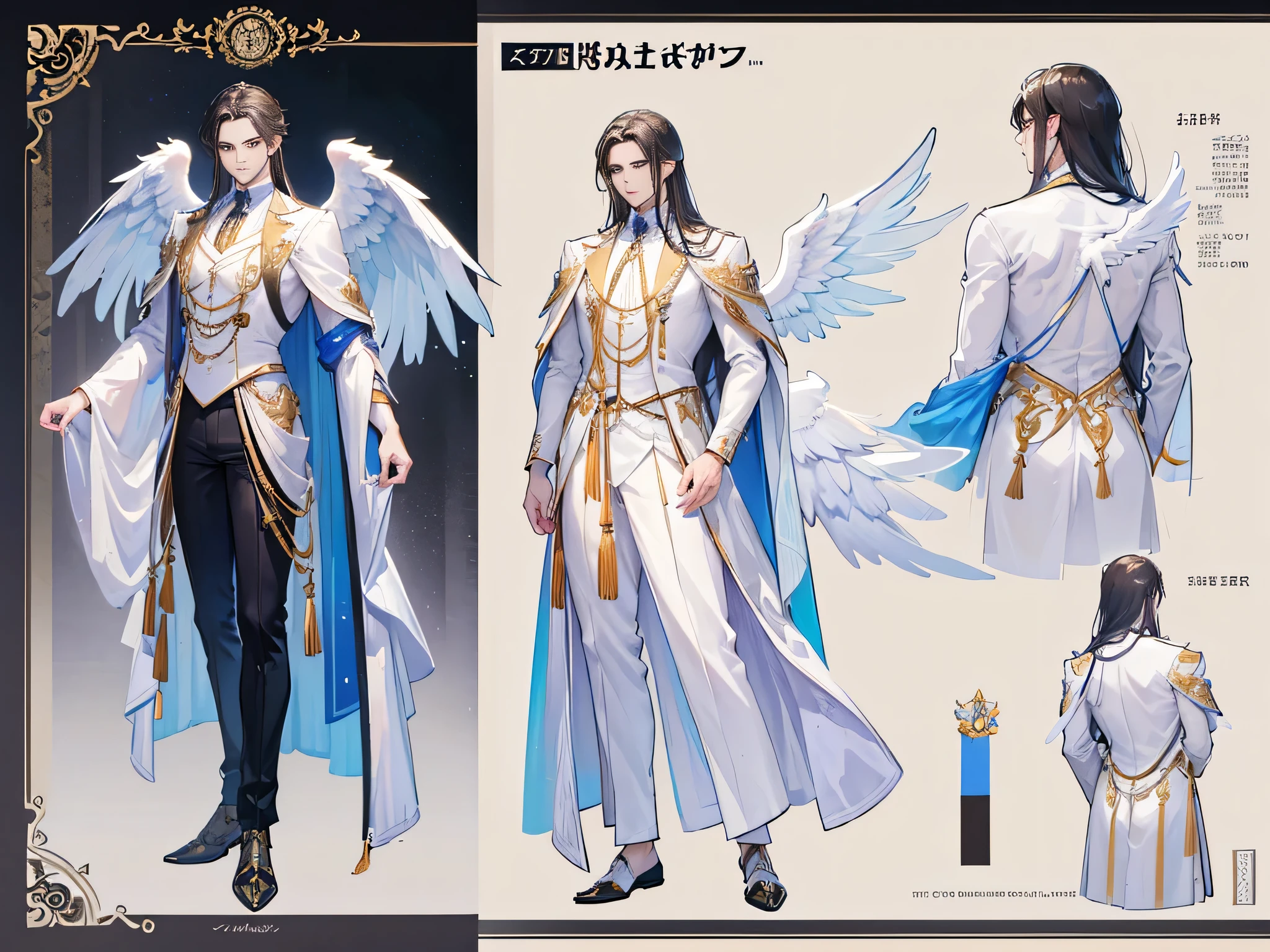 ((Masterpiece, Highest quality)), Male, boy, Detailed face, character design sheet， full bodyesbian, Full of details, frontal body view, back body view, Highly detailed, Depth, Many parts, angel wings, angel outfit, Muscle boy with black long hair，handsome man, male angel , man tall, 