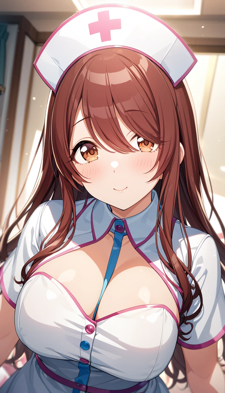 8k,1girl, osaki tenka , idolmaster shiny colors, game cg, solo, looking viewer, cinematic angle, masterpiece, best quality,happy ,big breast,ridiculously large breasts,face,long hair ,blush,JK,JC,(Hentai),closed mouth,A gentle smile,A gentle smile,NSFW,:o,micro nurse costume ,super micro nurse costume,very micro nurse costume,detailed skin