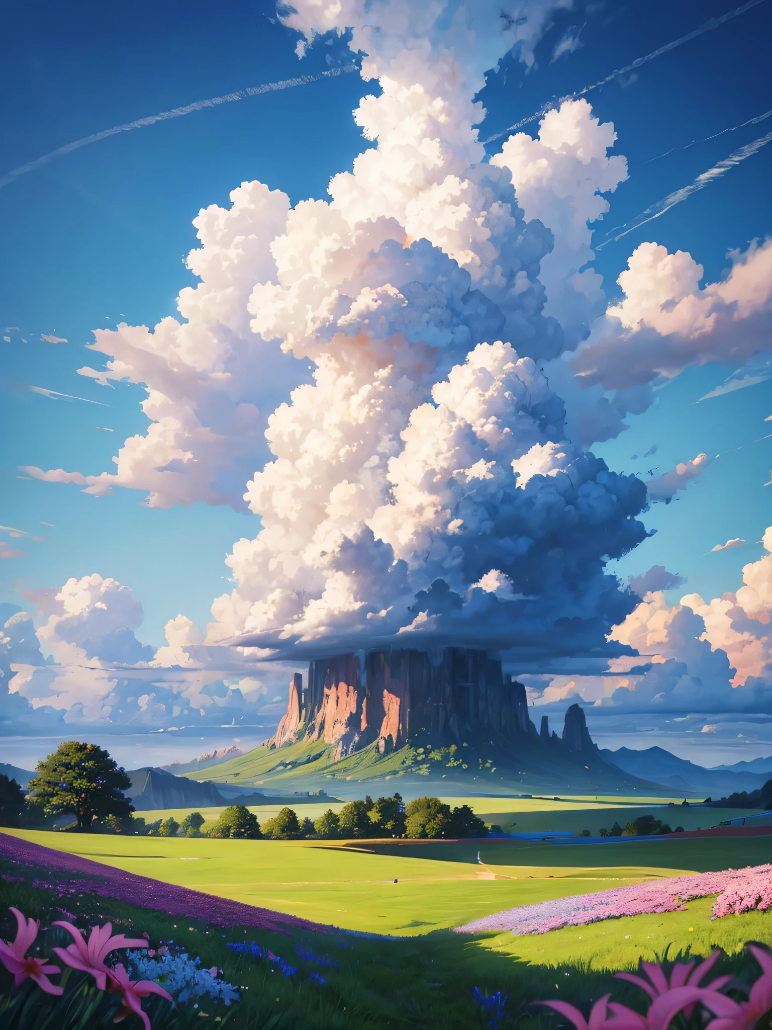 "Vast colossal cumulonimbus clouds majestically against a cerulean sky, framing a tapestry of spring flowers carpeting lush grasslands. The landscape emanates nature's breathtaking beauty, bathed in cinematic light. Rendered in high-definition with Octane Render, the scene glows in a mesmerizing 3D rendering reminiscent of Studio Ghibli's magical worlds. It's a realistic painting brought to life in stunning 8K resolution, evoking a dream-like ambiance."