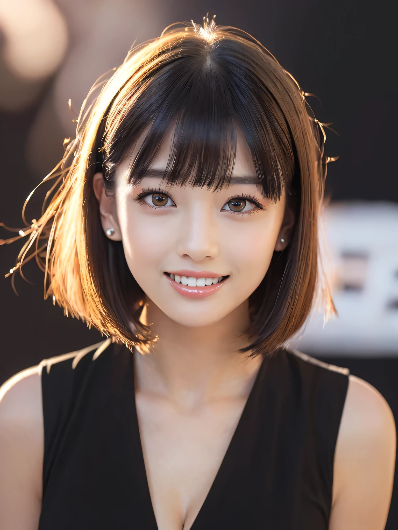 masterpiece, best quality, ultra high res, ultra detailed, sharp focus, 1girl, 独奏, a stunning pretty and beautiful Japanese sexy model, looking at viewer:1.3, (bright smile:0.6), dusk, sunset, night, realistic, slender, (standing:1.1), (looking at the viewer:1.3), sexy gaze, blush, asymmetrical bangs, light brown hair, ((20-year-old、naked:1.2、short hair:1.7、Narrow waist、Nipples are visible、Nipples are erect、sexy))