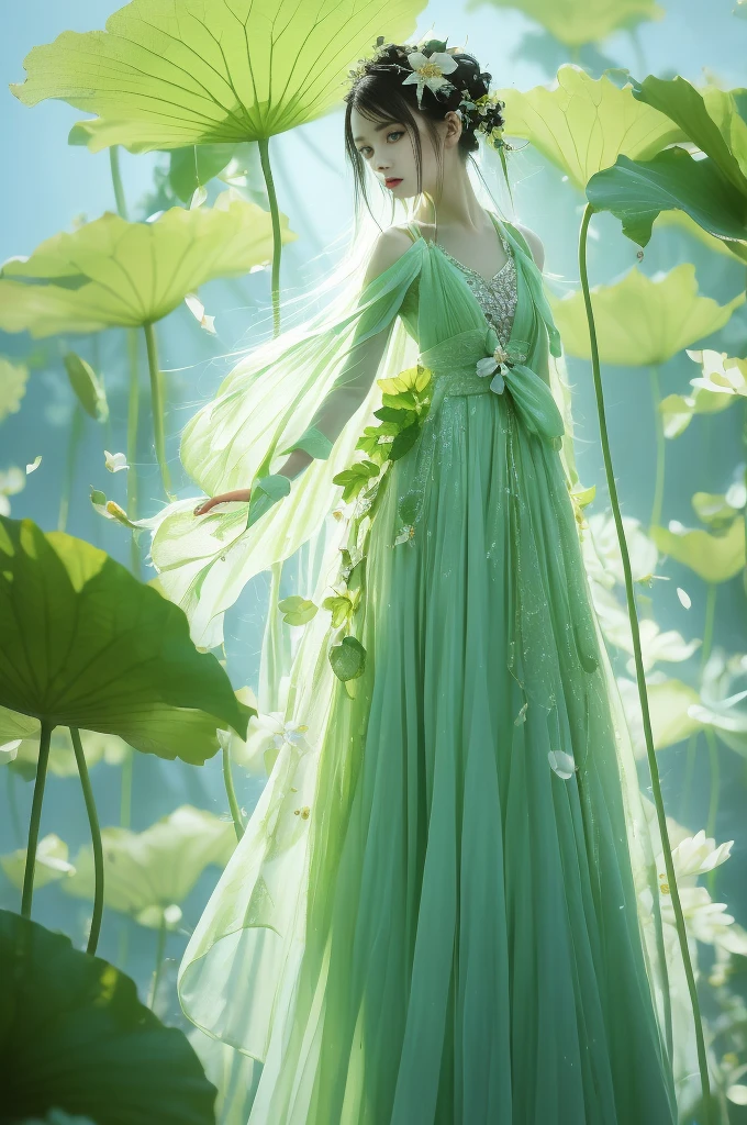 An enchanting humanoid-style plant creature in full bloom, standing upright. It has an overall green body color, with a flower-like structures sprouting around its head. The head is adorned with leaf-like extensions fashioned like a headband. It flaunts a skirt-like structure at its lower half resembling petals of a flower, the array of colors ranges from light green to dark green. Its arms, delicate and slim, end in leafy shapes instead of hands. It also exhibits a pair of oval shaped deep red eyes full of expression adding to its captivating aura.