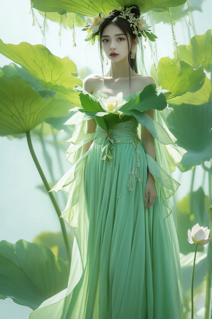 An enchanting humanoid-style plant creature in full bloom, standing upright. It has an overall green body color, with a flower-like structures sprouting around its head. The head is adorned with leaf-like extensions fashioned like a headband. It flaunts a skirt-like structure at its lower half resembling petals of a flower, the array of colors ranges from light green to dark green. Its arms, delicate and slim, end in leafy shapes instead of hands. It also exhibits a pair of oval shaped deep red eyes full of expression adding to its captivating aura.