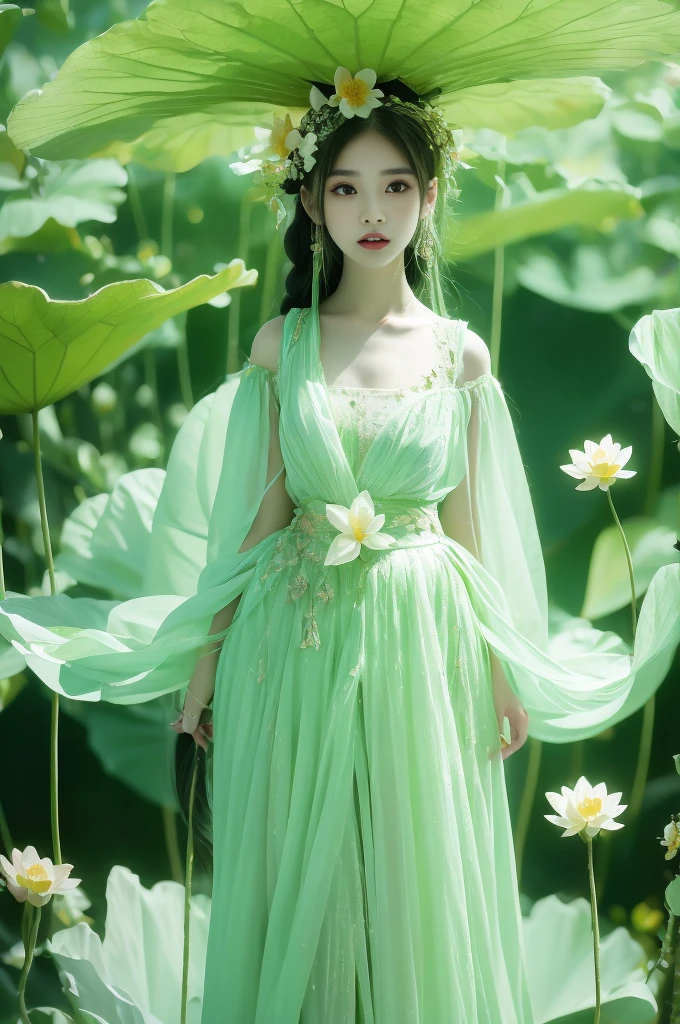 An enchanting humanoid-style plant creature in full bloom, standing upright. It has an overall green body color, with a flower-like structures sprouting around its head. The head is adorned with leaf-like extensions fashioned like a headband. It flaunts a skirt-like structure at its lower half resembling petals of a flower, the array of colors ranges from light green to dark green. Its arms, delicate and slim, end in leafy shapes instead of hands. It also exhibits a pair of oval shaped deep red eyes full of expression adding to its captivating aura.