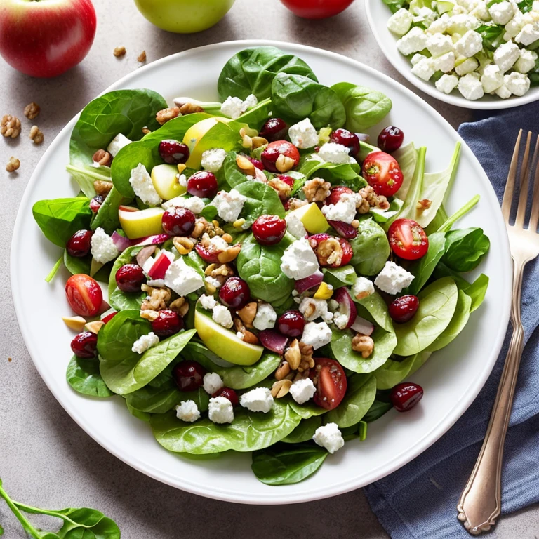 Picture prompt: A fresh and colorful salad consisting of lettuce, spinach, apple, cherry tomatoes, walnuts, cranberries, goat cheese, and croutons.

Ensalada de lechuga, espinaca, manzana, tomate cherry: A fresh and vibrant composition of a lettuce and spinach salad (1.3, Solo). The crisp lettuce leaves glisten under the light (1.3), intermingled with tender spinach (U puper bo dy full body:1.3). Apple slices, juicy and sweet, add a delightful contrast in color and texture. Cherry tomatoes burst with freshness,