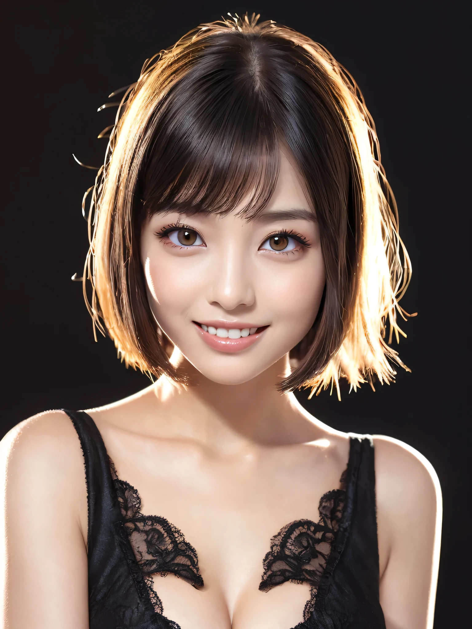 (sfw:1.5),(masterpiece, highest quality),1 girl, Cute beauty、alone,  Looking at the audience,  Pure white hair color、Highly detailed shiny short bob hairstyle:1.4, short hair:1.8、Beautiful symmetrical face、Beautiful and attractive woman、Whity, lips, bangs, Outdoor, Mouth closed, Upper Body、Big eyes、eyelash、((Very simple black background:1.8))、(((Looking at the audience、Show me your ears、Long neck、smile、smile)))、Ideal body type、(((huge big breasts , Cleavage:1.6、Happy smile、Beautiful Teeth)))、(((Anatomically correct:1.5)))、（Perfect body proportions)、(Natural Hands、Natural Fingers)、 ((Round face)), Realistic Eye Size, Big Eyes、Droopy eyes