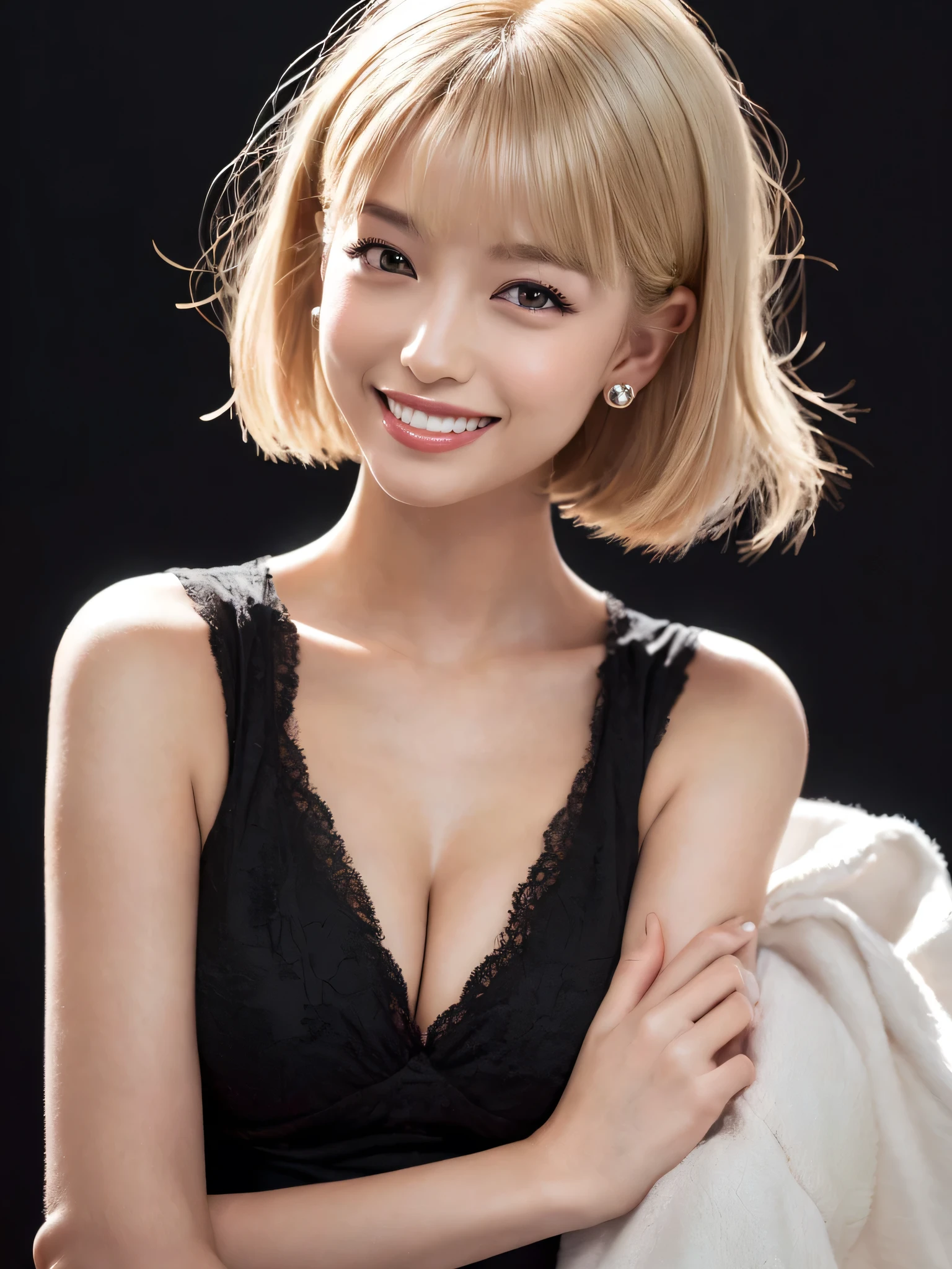(sfw:1.5),(masterpiece, highest quality),1 girl, Cute beauty、alone, Looking at the audience, Pure white hair color、Highly detailed shiny short bob hairstyle:1.4, short hair:1.8、Beautiful symmetrical face、Beautiful and attractive woman、Whity, lips, bangs, Outdoor, Mouth closed, Upper Body、Big eyes、eyelash、((Very simple black background:1.8))、(((Looking at the audience、Show me your ears、Long neck、smile、smile)))、Ideal body type、(((huge big breasts , Cleavage:1.6、Happy smile、Beautiful Teeth)))、(((Anatomically correct:1.5)))、(Perfect body proportions)、(Natural Hands、Natural Fingers)、 ((Round face)), Realistic Eye Size, Big Eyes、Droopy eyes