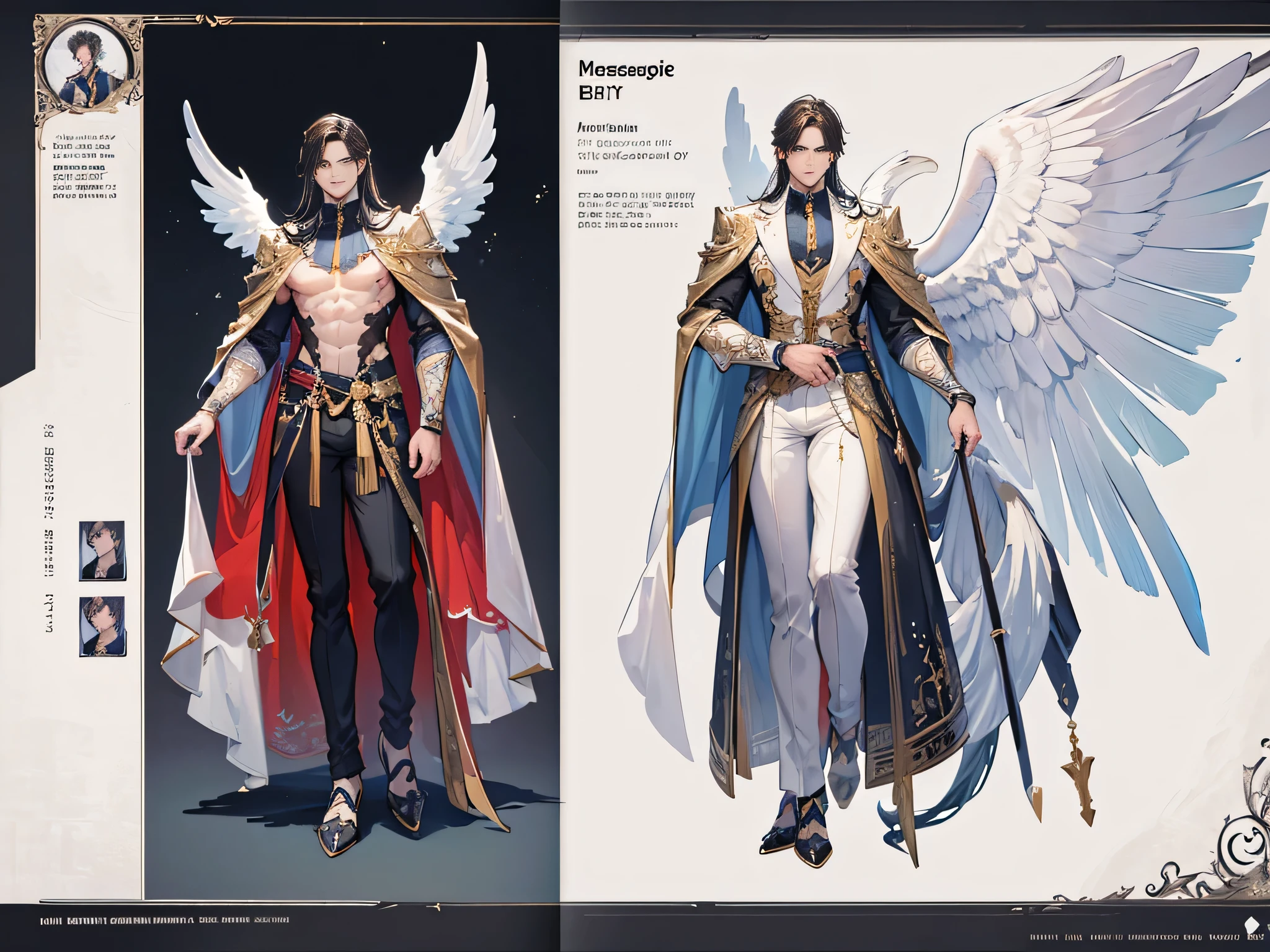 ((Masterpiece, Highest quality)), Male, boy, Detailed face, character design sheet, full bodyesbian, Full of details, frontal body view, back body view, Highly detailed, Depth, Many parts, angel wings, angel outfit, Muscle boy with black long hair,handsome man, male angel , man tall,
