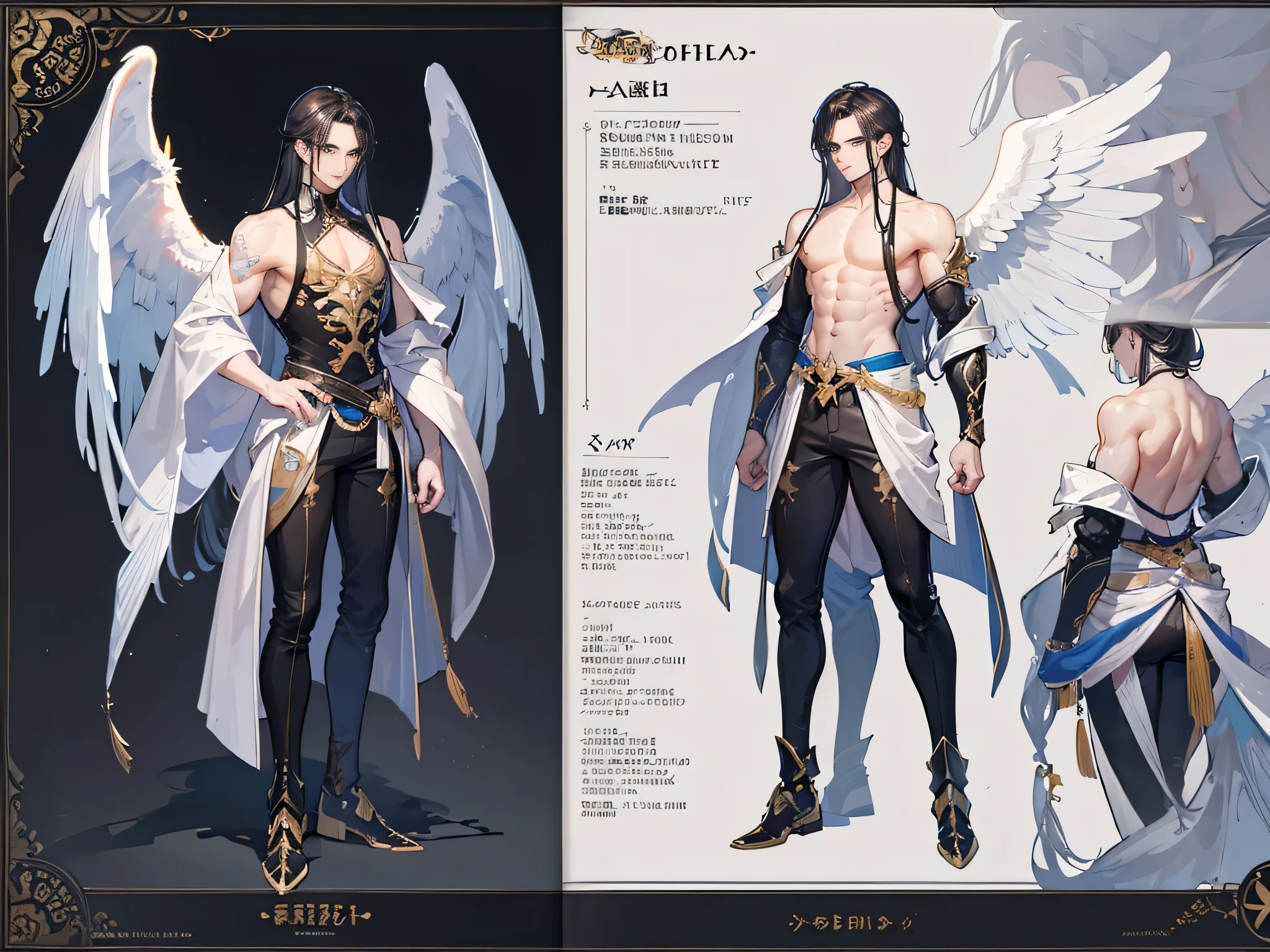 ((Masterpiece, Highest quality)), Male, boy, Detailed face, character design sheet， full bodyesbian, Full of details, frontal body view, back body view, Highly detailed, Depth, Many parts, angel wings, angel outfit, Muscle boy with black long hair ponytail，handsome man, male angel , man tall, 