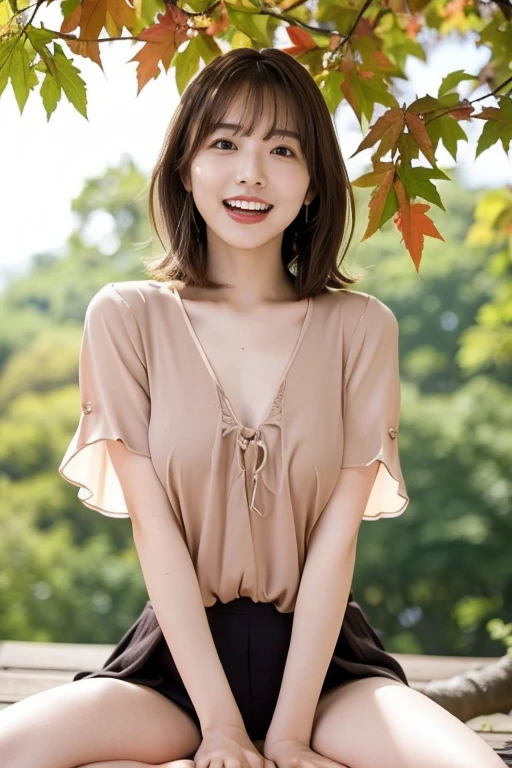 (highest quality, 4K, 8k, High resolution, masterpiece:1.2), Brown Hair、short hair、her breasts are beautiful and big。There is a large tree。Sit on a tree branch with your legs spread apart.。Stiff crotch。and laugh、Place your hands in front of you to support your body。Dark blouse、