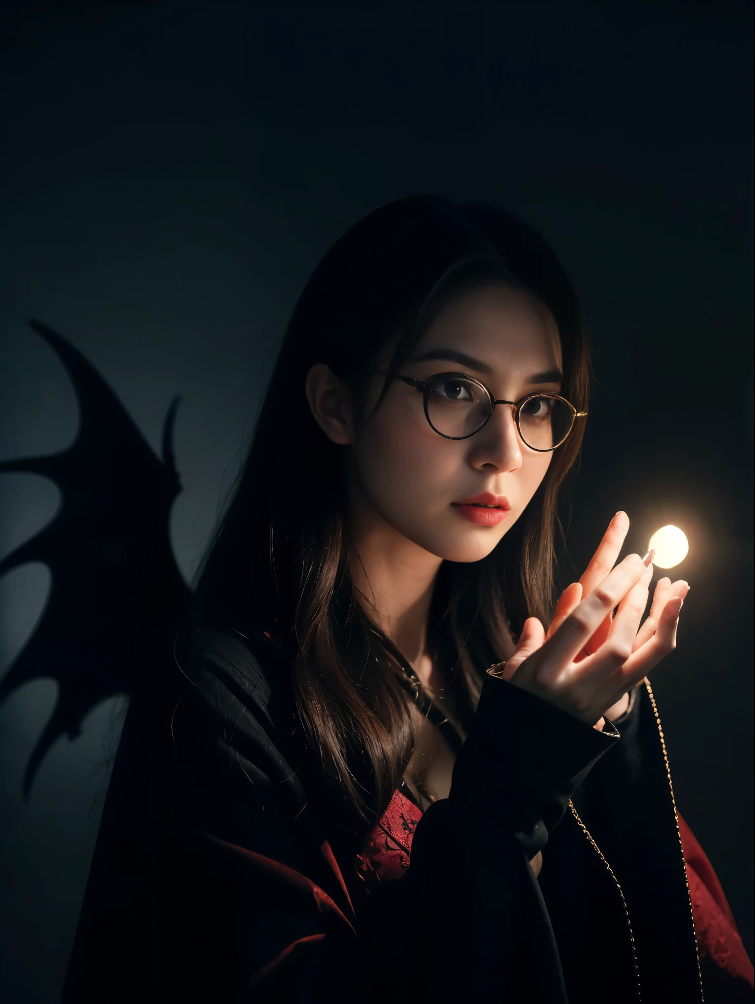 Dark Fantastic Night , Behind me is a big, scary castle , Lots of bats , big, red, Fantastic Moon , Some cliffs , 2. A cave far from the cliff , Some stones , Broken pillars , There are many magical glowing stones around her , A dragon far away in the dark sky, Horror Scene , 美しい女性のdevil , redい魔法の非常に明るい目 , A small magical sphere glowing red in both hands at the same time , オーブを見つめる女性のdevil , Dark Big Wing , Very detailed顔 , ((((Round Glasses))))、 (Very detailedなシーン) , (Ultra-detailed orbs) , (Super beautiful face) , (Ultra-detailed Moon) , (Ultra-detailed castle) , (Ultra-precision needles) , (Very detailed wings) Blood splattered on the body, Pale face , Dark Red Lip , Black Devil Wear , Shaped body , 彼女の周りのredい魔法 , redマナのローテーション、highest quality, Very detailed, Realistic, Portraiture, Dark and spooky atmosphere, Glowing Eyes, spiritual being, Unforgettably美しい, Ghostly figures, Swirling Mist, Supernatural existence, devil'Nature, Shadow-like shape, Spooky whispers, Ominous Aura, Eerie pale skin, Dark and twisted branches, Flickering candle light, Spooky elements, Mysterious and enigmatic, Spectral emergence, Gothic art style, attractive, Spectral range, Extremely depressed, Otherworldly beauty, Mysterious glow, Unforgettably'Don't forget, Cold atmosphere, Spooky and ominous lighting.
