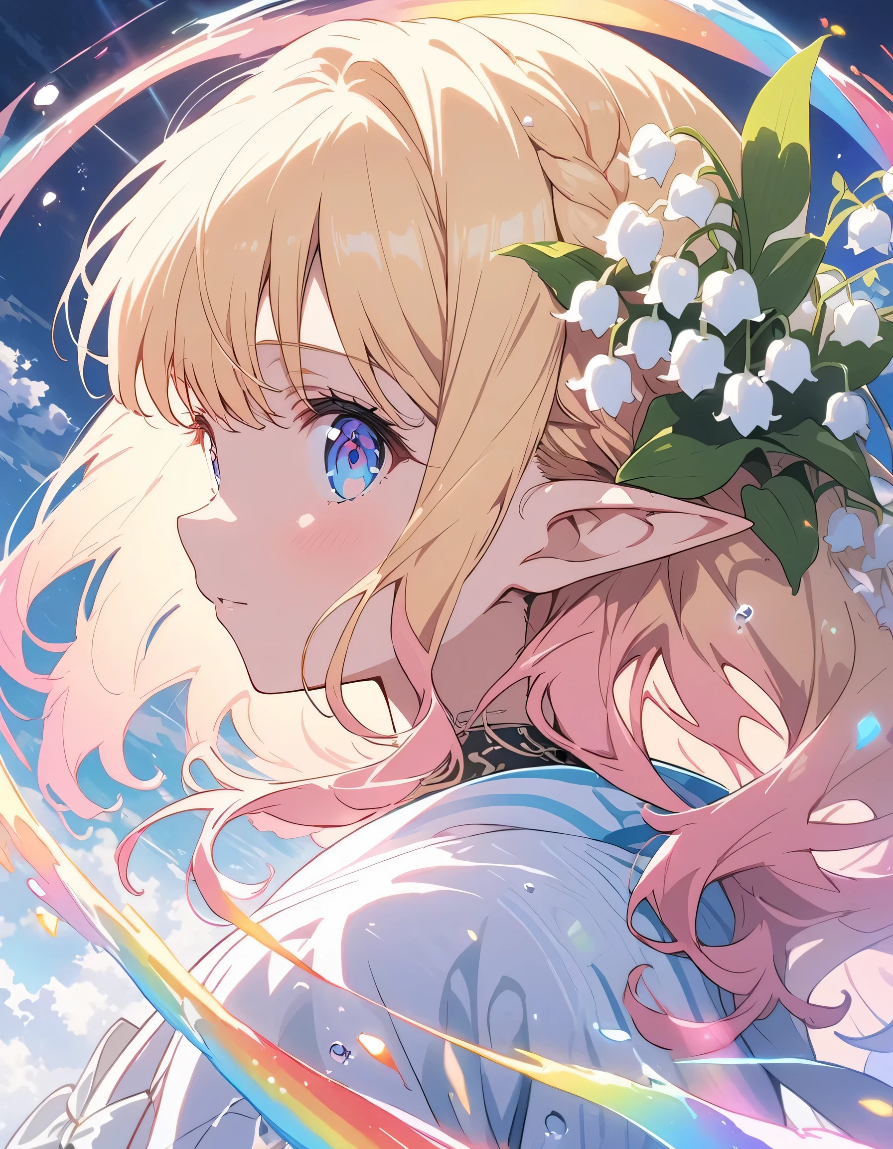 Elf girl profile logo, blue eyes, long blond, (Lily of the valley:1.4)、Circular frame Ivy,, article "Pink Girl"、(highest quality、masterpiece、High resolution、detailed)、anime style、Flat Style、(The eyes shine with rainbow colors、Illuminated by light,Beautiful Face), break,Dynamic Angle、extremely detailed、The return of happiness、anime