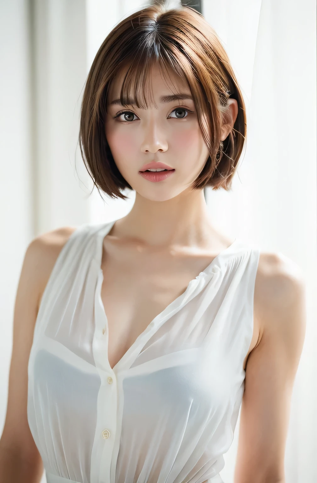 ((8K:1.27)、top-quality、masterpiece、超A high resolution:1.2)Photo beautiful Chinese woman(pleasing:1.1) (White shirt:1.21) Design by Gregg Lutkowski and Alphonse Mucha Intricate Elegance、Fantasia、detaileds、Geometry、Gradient lighting、1girl in、Delicate skin、looking at the viewers、Brown-eyed、(short hair with bangs:1.2)、(Medium chest:1.0)、(medium areola:0.8)、(realisitic:1.4)、(top-quality:1.0)、(超A high resolution:1.0)、8K、Raw photography、(masterpiece:0.2)、(pureerosface_v1:0.5)、 White clothing、cowboy shot、