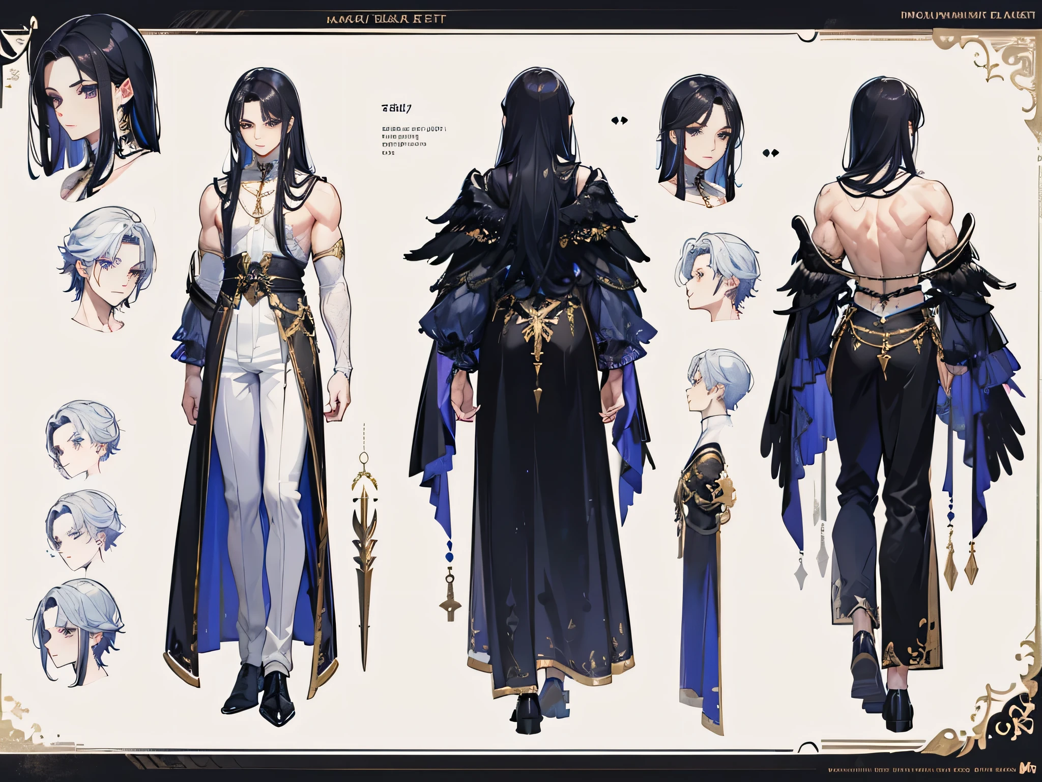 ((Masterpiece, Highest quality)), Male, boy, Detailed face, character design sheet, full bodyesbian, Full of details, frontal body view, back body view, Highly detailed, Depth, Many parts, angel wings, angel outfit, Muscle boy with black long hair,handsome man, male angel , man tall,