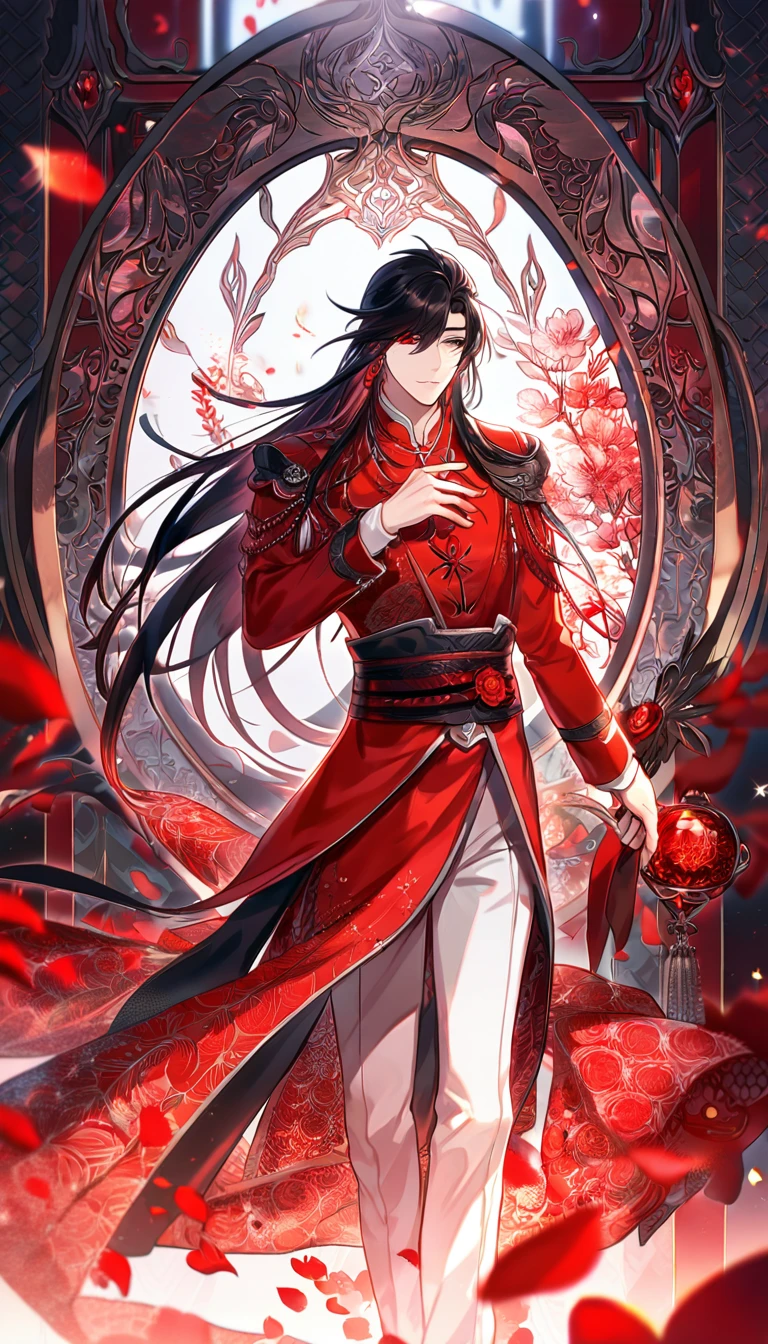 Ultra detailed, HDR, Highres, absurdres, master piece, Hua Cheng, black long hair, expressive red eye, black eye patch, Heaven Official's Blessing, patterns, red clothes, red petals, red ice flowers, sexy man, solo, extremely detailed face and eyes, extremely handsome, glittering, red glass, white pants,