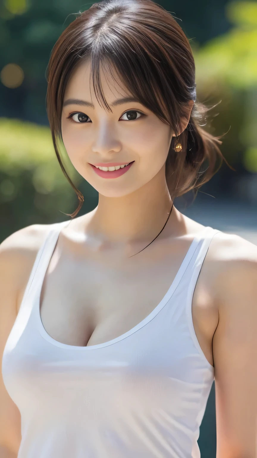 1 girl, (White tank top、The clothes are see-through、Protruding nipples:1.1、Cleavage), Beautiful Japanese actresses, (RAW Photos, highest quality), (Realistic, Photorealistic:1.4), masterpiece, Very delicate and beautiful, Very detailed, wonderful, finely, very detailed CG Unity 8k wallpaper, Very detailed, High resolution, Soft Light, Beautiful detailed girl, Very detailed目と顔, Beautiful and detailed nose, Beautiful and detailed, looking at the camera、Perfect Anatomy, Slender body, smile、((Hands behind head))、front、Sexy pose、Suzu Hirose