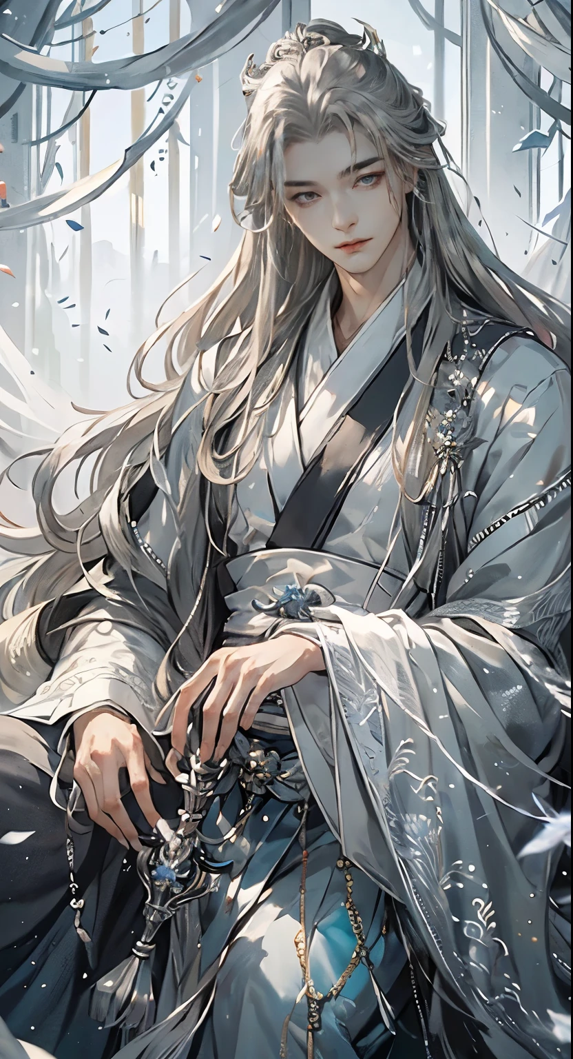 (extreamly delicate and beautiful:1.2), 8K, (tmasterpiece, best:1.0), , (LONG_silver_HAIR_MALE:1.5), Upper body body, a long_haired male, cool and seductive, evil_gaze, wears white hanfu, and intricate detailing, and intricate detailing, finely eye and detailed face, Perfect eyes, Equal eyes, Fantastic lights and shadows、white room background、 Uses backlight and rim light