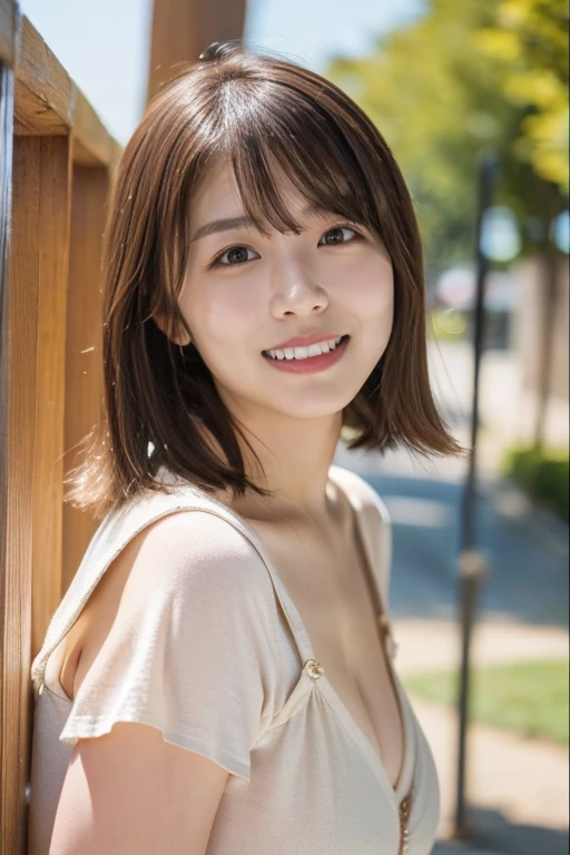 (highest quality, 4K, 8k, High resolution, masterpiece:1.2), Brown Hair、short hair、her breasts are beautiful and big。Riding a long pole。smile