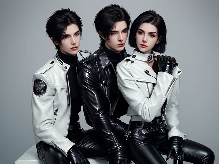 Final Fantasy-style graphics, young, Cute and cool two Japanese boys,borth Thin eyebrows and big eyes,   both wearing a shiny white single-breasted leather jacket.......。Biker style leather jacket、 with epaulettes,  The jacket is zipped up, The jacket pockets are black., The jacket has a high stand-up collar with a belt, Also wearing a black turtleneck, Black Leather Pants, Thin black leather gloves on both hands, Black leather knee-high lace-up boots, Show me your ((whole body)) from head to toe, Final Fantasy Style、((good looking))、((Age: 20 years old))、((good looking))、((Clear eyes and nose))、((Shiny white color single leather jacket))、((The jacket must be white color.))、((The jacket has epaulettes))、((Jacket has a high stand-up collar and belt))、((The jacket has a black pocket))、((Black turtleneck shirt))、((Black Leather Pants))、((Always wear shiny black leather gloves on both hands))、((Cover all fingers on both hands with gloves))、((Black lace-up leather long boots))、((View full-body images from a distance))、Realistic image quality and texture、In a small cell、((close the eyes))、A kind smile、((The front of the jacket is closed with a zipper))、((No skin below the neck))、((round face)、((Short Hairstyleedium build))、((Upright posture))、((don't sit))、((he handcuffed both hands))