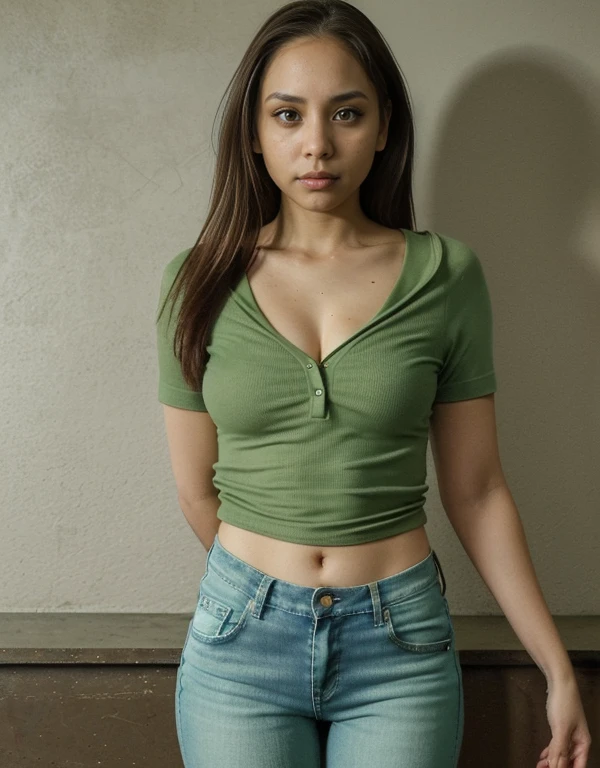 1 garota, Eliza Goldberg, morena, olhos castanhos, cabelo cacheado, short jeans, camisa verde,