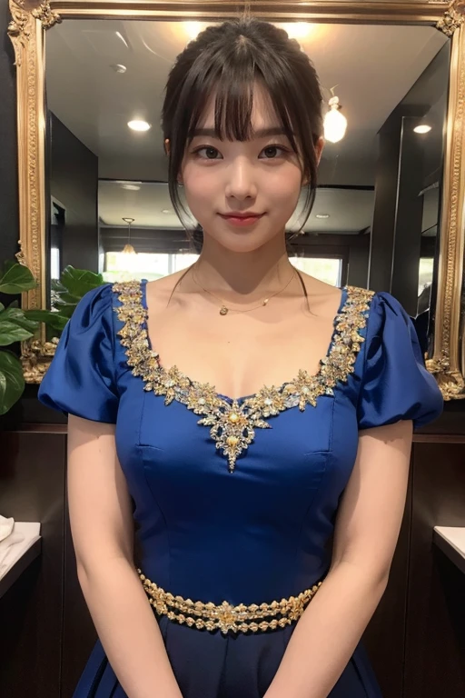 medium view, medium shot, Depth of written boundary, bust, Upper body, cinematic angle, masterpiece, highest quality, Super detailed, cg, 8k wallpaper, beautiful face, delicate eyes, maiden, alone, smile, bangs, skirt, shirt, have, Cobalt blue dress with gold trim, flower background