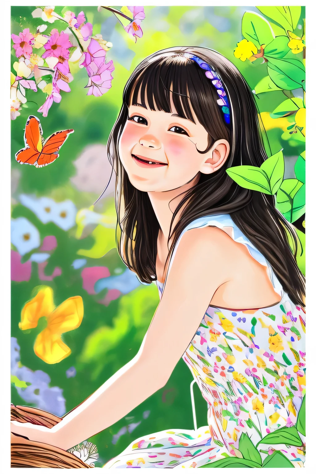 (best quality, highres:1.2), ultra-detailed, realistic:1.37, professional, vivid colors, sharp focus, physically-based rendering, detailed facial features, bright lighting, girl, garden, black hair, bangs, black eyes, eight-year-old , light brown skin, 

[illustration] 

additional details:
- Colorful flowers blooming in the garden
- Soft sunlight filtering through the leaves
- The girl wearing a flowy summer dress
- A playful smile on her face
- Butterflies fluttering around her
- The girl holding a small basket filled with freshly picked fruits
- A peaceful and tranquil atmosphere