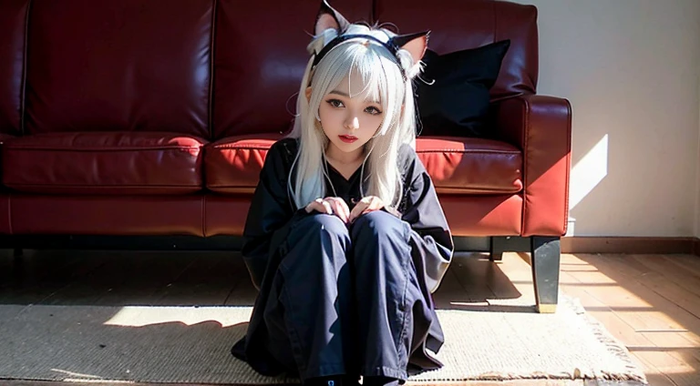 A woman is sitting on the floor wearing a cat headband, Luan Cute Vtuber, Ulzzang, Low quality photos, Very low quality images, male Ulzzang, Low quality video, Hurt my spirit, e - girl, egirl, Low quality photosgraph, Style Anime, As an anime character, Anime Style, Her hair is white