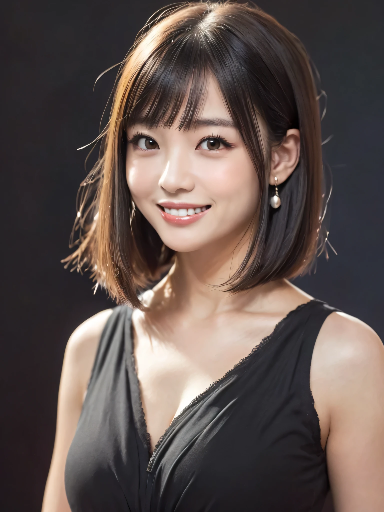 (sfw:1.5),(masterpiece, highest quality),1 girl, Cute beauty、28 years old、alone,  Looking at the audience,  (((Gray Hair)))、Highly detailed shiny short bob hairstyle:1.4, short hair:1.8、Beautiful symmetrical face、Beautiful and attractive woman、Whity, lips, bangs, Outdoor, Mouth closed, Upper Body、Big eyes、eyelash、Blue Costume、((Very simple black background:1.8))、(((Looking at the audience、Show me your ears、Long neck、smile、smile)))、Ideal body type、(((huge big breasts , Cleavage:1.6、Happy smile、Beautiful Teeth)))、(((Anatomically correct:1.5)))、（Perfect body proportions)、 ((Round face)), Realistic Eye Size, Big Eyes、Droopy eyes
