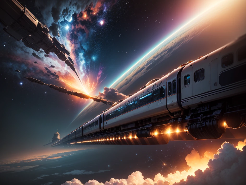 Steam locomotive in space、SL floating in space、Earth visible in the distance、4Both formations、Train-shaped spaceship、Space Railway、Space Station