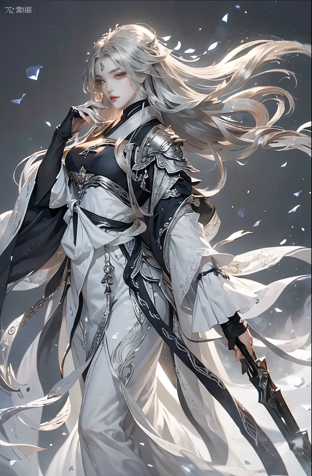 (extreamly delicate and beautiful:1.2), 8K, (tmasterpiece, best:1.0), , (LONG_silver_HAIR_MALE:1.5), Upper body body, a long_haired male, cool and seductive, evil_gaze, wears white hanfu, and intricate detailing, and intricate detailing, finely eye and detailed face, Perfect eyes, Equal eyes, Fantastic lights and shadows、white room background、 Uses backlight and rim light