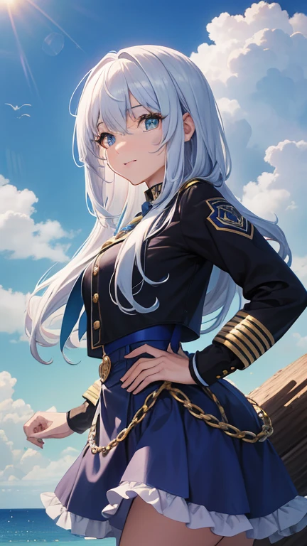 chica joven, pelo rubio largo, dos colas de caballo, blue eyes, chaqueta blanca, mangas cortas, top ajustado azul, falda azul, pantimedias, sonrisa, boca abierta, Obra maestra, alta calidad, 4k, High Definition, Buen detalle