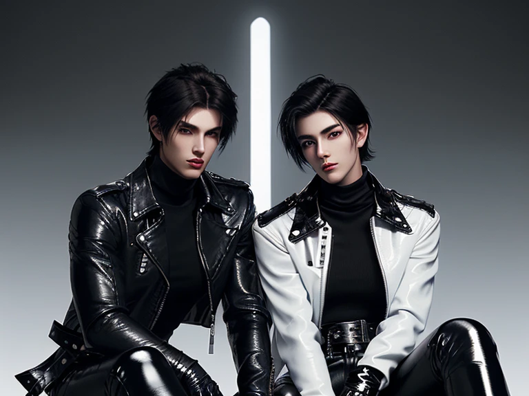 Final Fantasy-style graphics, young, Cute and cool two Japanese boys,borth Thin eyebrows and big eyes,   both wearing a shiny white single-breasted leather jacket.......。Biker style leather jacket、 with epaulettes,  The jacket is zipped up, The jacket pockets are black., The jacket has a high stand-up collar with a belt, Also wearing a black turtleneck, Black Leather Pants, Thin black leather gloves on both hands, Black leather knee-high lace-up boots, Show me your ((whole body)) from head to toe, Final Fantasy Style、((good looking))、((Age: 20 years old))、((good looking))、((Clear eyes and nose))、((Shiny white color single leather jacket))、((The jacket must be white color.))、((The jacket has epaulettes))、((Jacket has a high stand-up collar and belt))、((The jacket has a black pocket))、((Black turtleneck shirt))、((Black Leather Pants))、((Always wear shiny black leather gloves on both hands))、((Cover all fingers on both hands with gloves))、((Black lace-up leather long boots))、((View full-body images from a distance))、Realistic image quality and texture、In a small cell、((close the eyes))、A kind smile、((The front of the jacket is closed with a zipper))、((No skin below the neck))、((round face)、((Short Hairstyleedium build))、((Upright posture))、((don't sit))、((he handcuffed both hands))