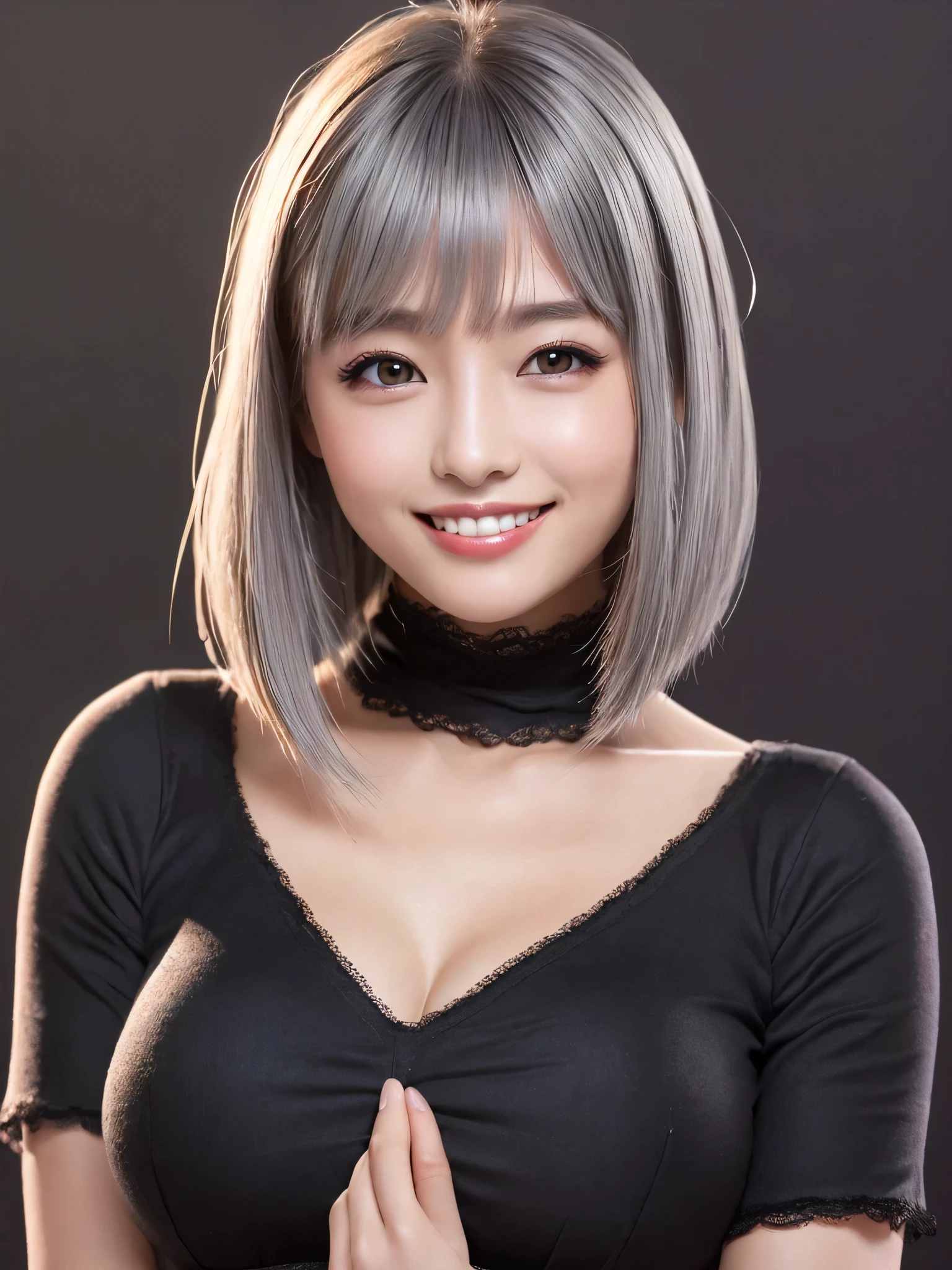 (sfw:1.5),(masterpiece, highest quality),1 girl, Cute beauty、28 years old、alone, Looking at the audience, (((Gray Hair)))、Highly detailed shiny short bob hairstyle:1.4, short hair:1.8、Beautiful symmetrical face、Beautiful and attractive woman、Whity, lips, bangs, Outdoor, Mouth closed, Upper Body、Big eyes、eyelash、(((Blue Costume)))、((Very simple black background:1.8))、(((Looking at the audience、Show me your ears、Long neck、smile、smile)))、Ideal body type、(((huge big breasts , Cleavage:1.6、Happy smile、Beautiful Teeth)))、(((Anatomically correct:1.5)))、(Perfect body proportions)、 ((Round face)), Realistic Eye Size, Big Eyes、Droopy eyes