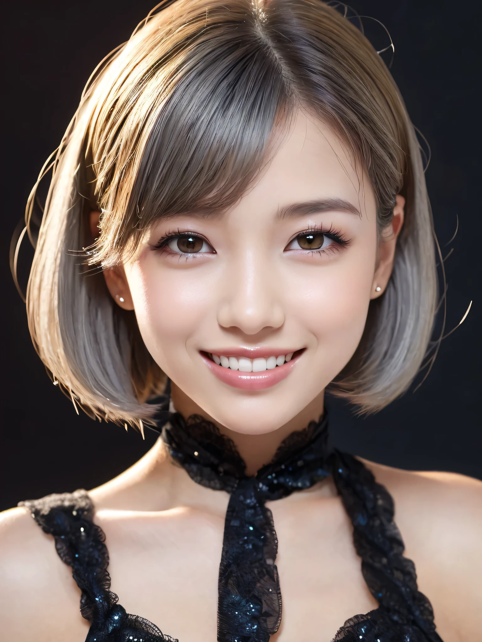(sfw:1.5),(masterpiece, highest quality),1 girl, Cute beauty、28 years old、alone, Looking at the audience, (((Gray Hair)))、Highly detailed shiny short bob hairstyle:1.4, short hair:1.8、Beautiful symmetrical face、Beautiful and attractive woman、Whity, lips, bangs, Outdoor, Mouth closed, Upper Body、Big eyes、eyelash、(((Blue Costume)))、((Very simple black background:1.8))、(((Looking at the audience、Show me your ears、Long neck、smile、smile)))、Ideal body type、(((huge big breasts , Cleavage:1.6、Happy smile、Beautiful Teeth)))、(((Anatomically correct:1.5)))、(Perfect body proportions)、 ((Round face)), Realistic Eye Size, Big Eyes、Droopy eyes