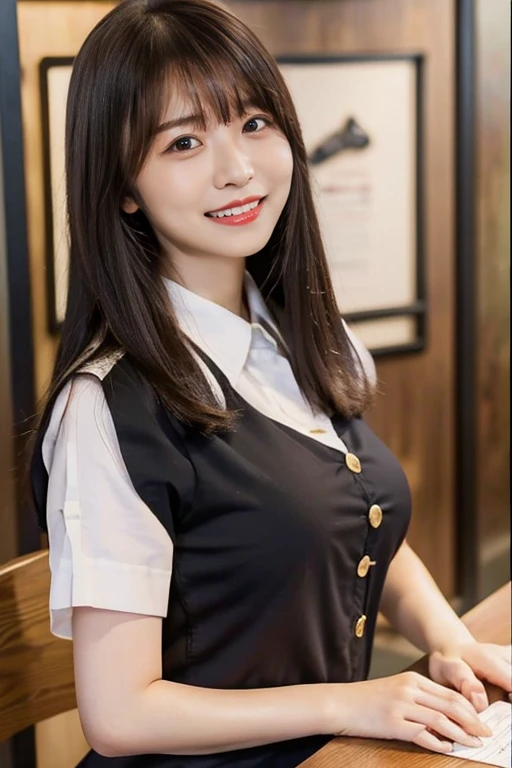 (highest quality, 4K, 8k, High resolution, Tabletop:1.2), Black Hair、Beaver、Her breasts are beautiful and large。study。Pressing her big tits against the desk。Dress code: A loose-fitting short-sleeved shirt.。Open some buttons。uniform、skirt、Unbelievably big 、smile