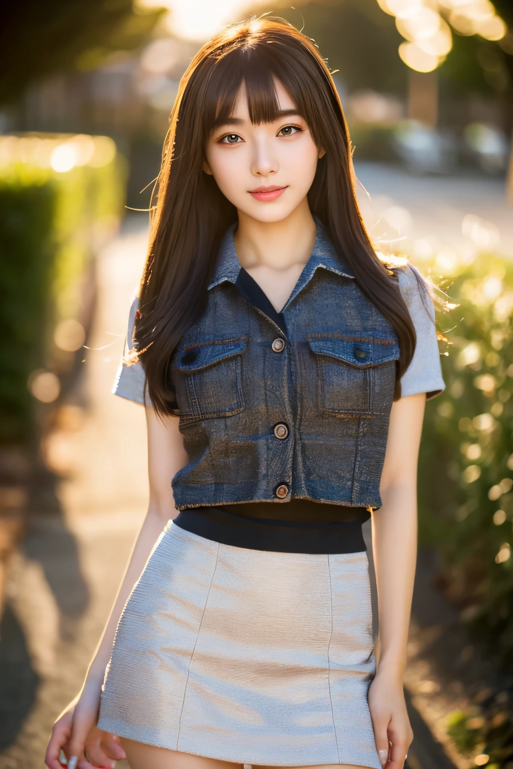 Japanese girl, Photorealsitic, Detailed skin, Detailed lips, Detailed eyebrows, PUPILS SPARKLING, depth of fields, ccurate, Super Detail, Best Quality, hight resolution, Anatomically correct, Textured skin, high details, High quality, short skirt, full body